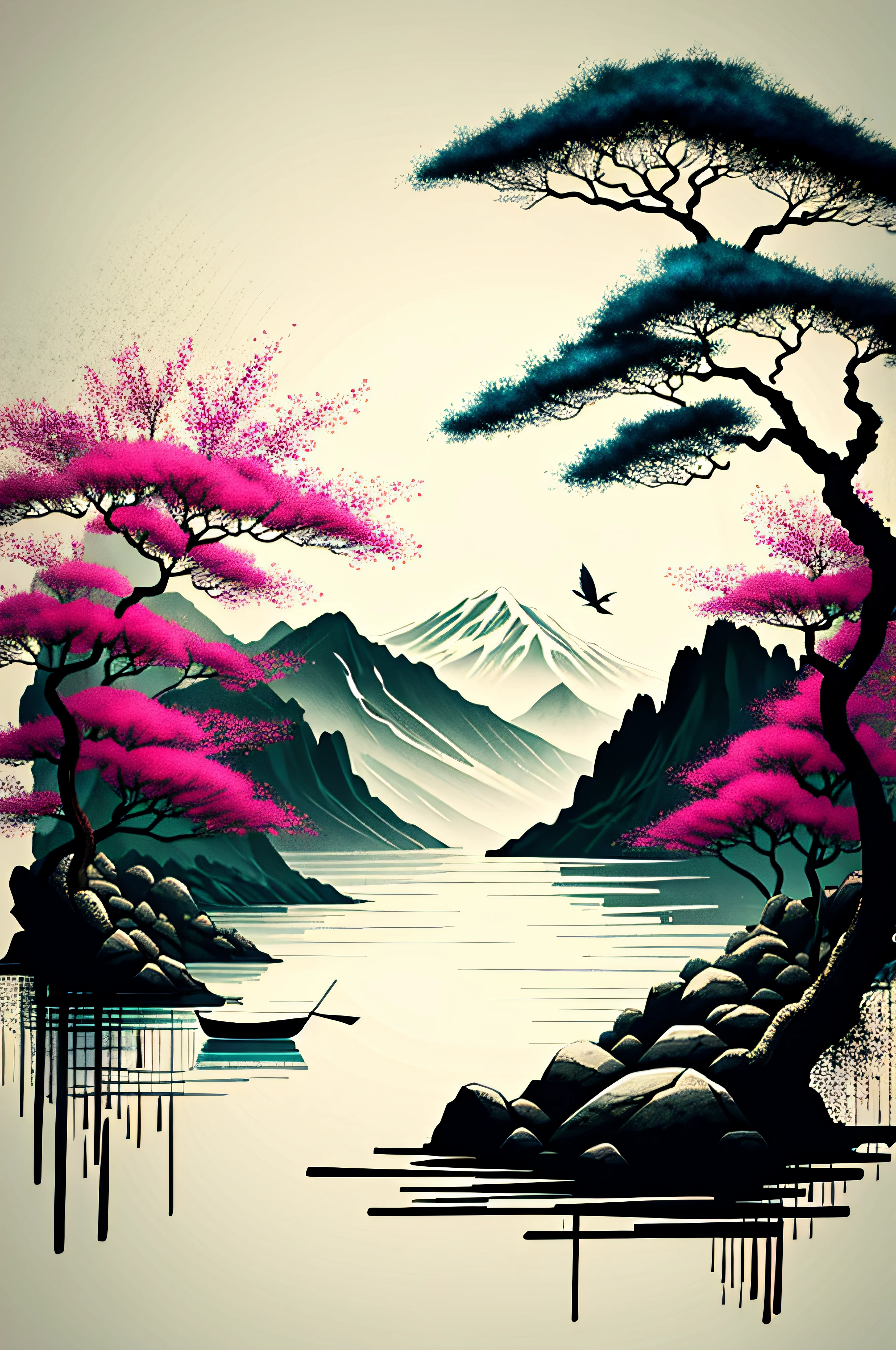 white backgrounid, scenecy, ink, mont, Eau, the trees,Boat