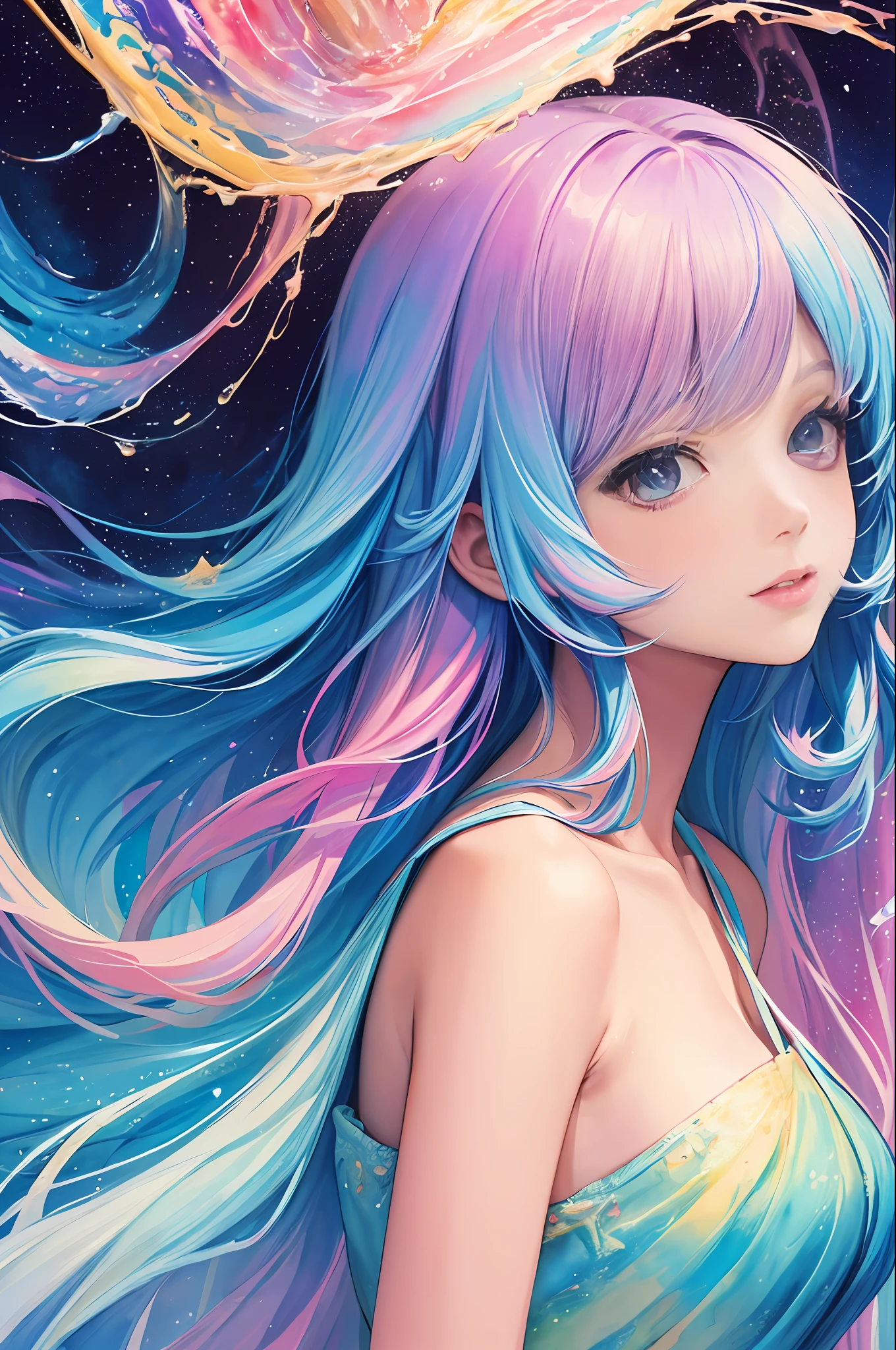 (masterpiece, top quality, best quality,watercolor (medium),official art, beautiful and aesthetic:1.2),(1girl:1.3), (fractal art:1.3),upper body, from side, looking at viewer,patterns,(rainbow color Hair,colorful hair,half blue and half pink hair:1.2),water,liquid, cloud,colorful, starry,stars,
