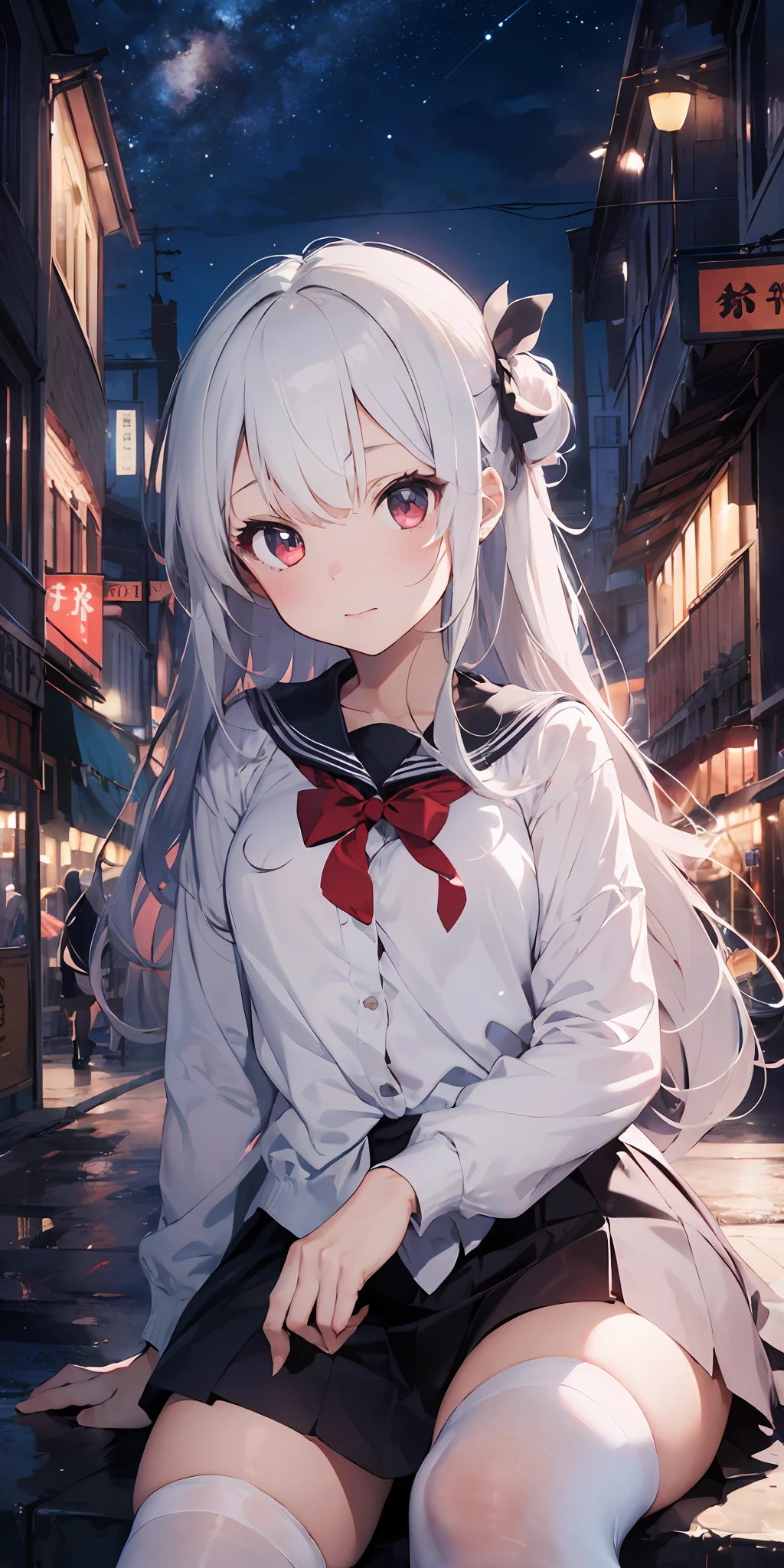 1girl, beautiful detailed eyes, long white hair, light red eyes, school uniform, high white stocking, lustrous skin, city, night, high contrast, ((masterpiece, best quality))