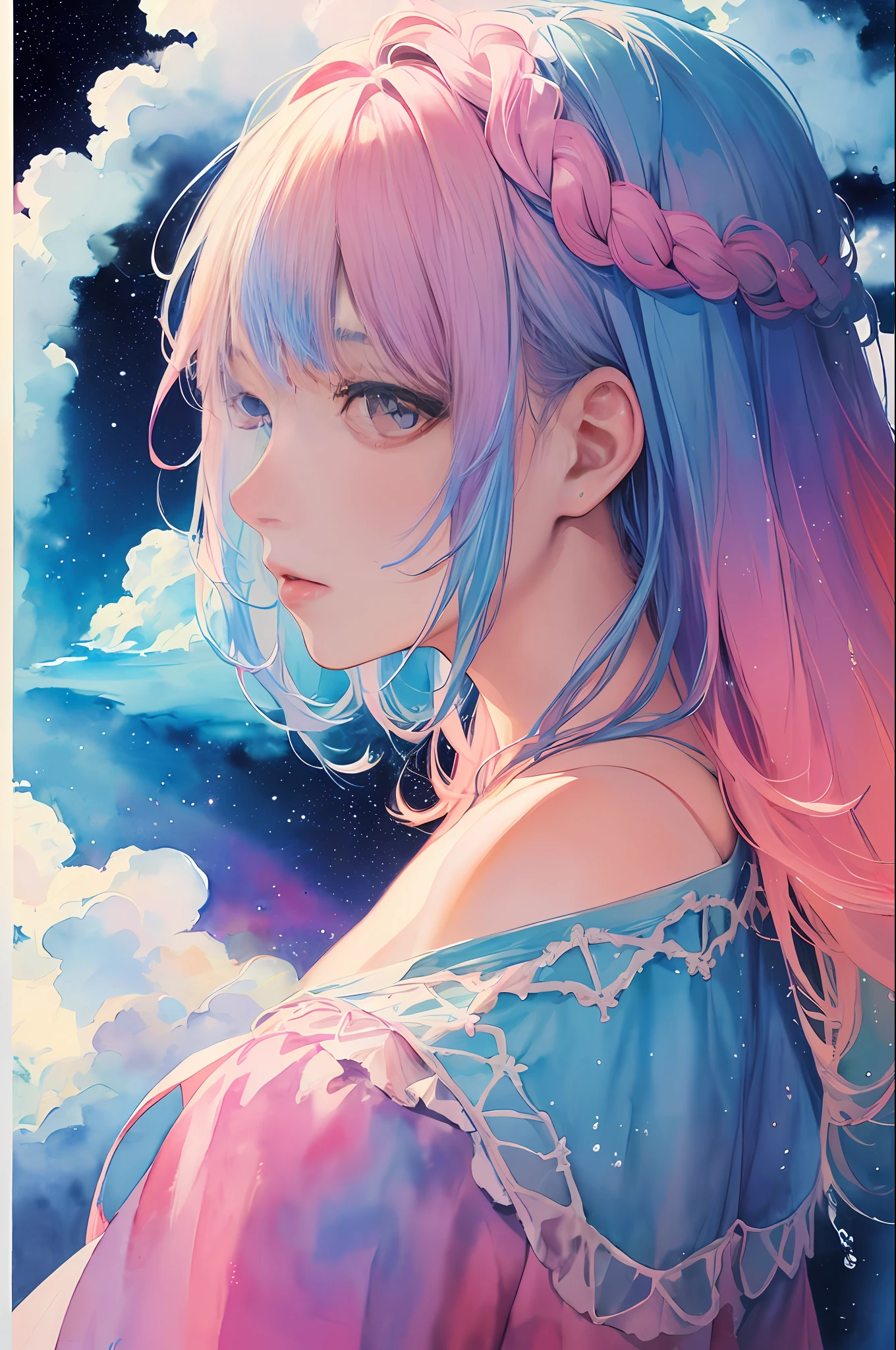 (masterpiece, top quality, best quality,watercolor (medium),official art, beautiful and aesthetic:1.2),(1girl:1.3), (fractal art:1.3),upper body, from side, looking at viewer,patterns,(rainbow color Hair,colorful hair,half blue and half pink hair:1.2),water,liquid, cloud,colorful, starry,stars,