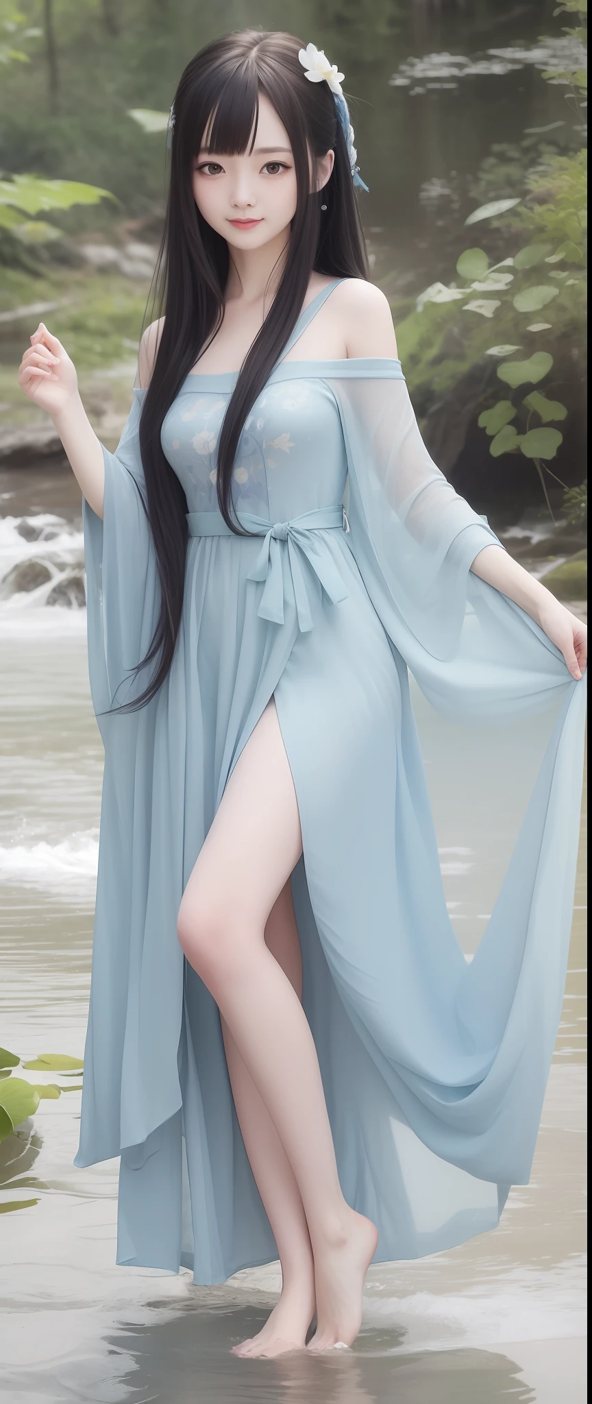 ((4k,masterpiece,best quality)), shuimobysim, traditional chinese ink painting, lotus, hanfu, maxiskit, dress conservatively 1girl, solo, long blue hair, smile, standing, feet in the water, barefoot,
