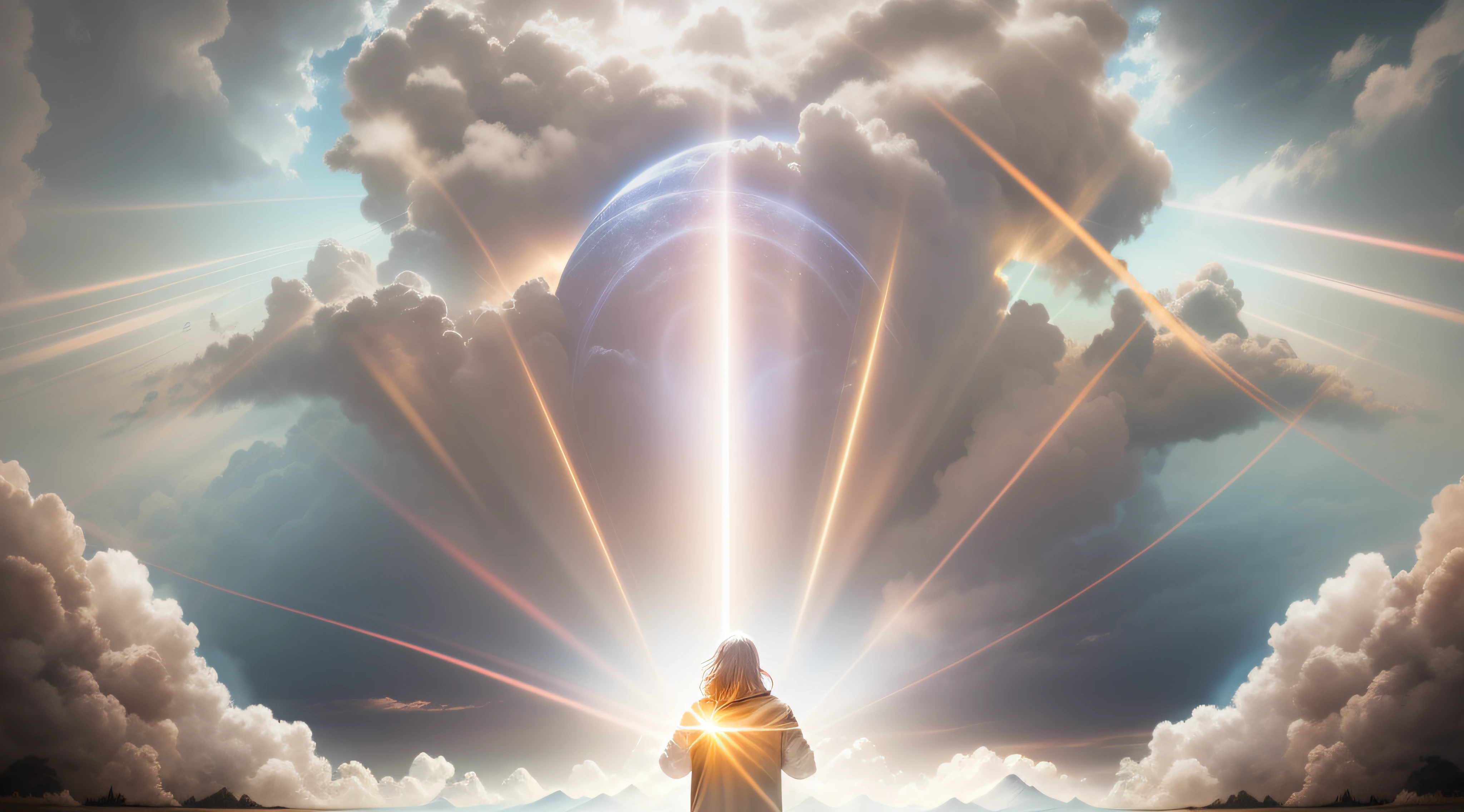 Create image of God, with ray of light between the clouds (ultra realistic, ultra quality)