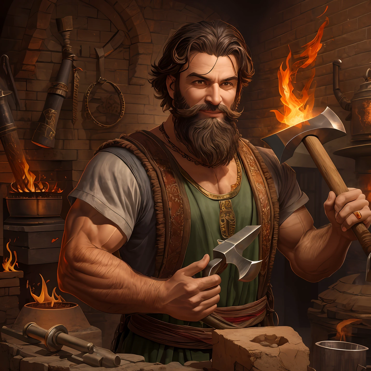 "God of smith and craftman, With brown hair and brown beard, Is musclar, Looks proud and confident, Wears a greek tunic, Holds a hammer, master of furnace and fire, Smiling with a red face", (((Anvil))), Pincers, Furnace, Bellows, Forge, Flame, Workshop, Greek mythology, Super high quality, Super accurate description of hands, HDR, Photorealistic, Super detail, Masterpiece, 8K