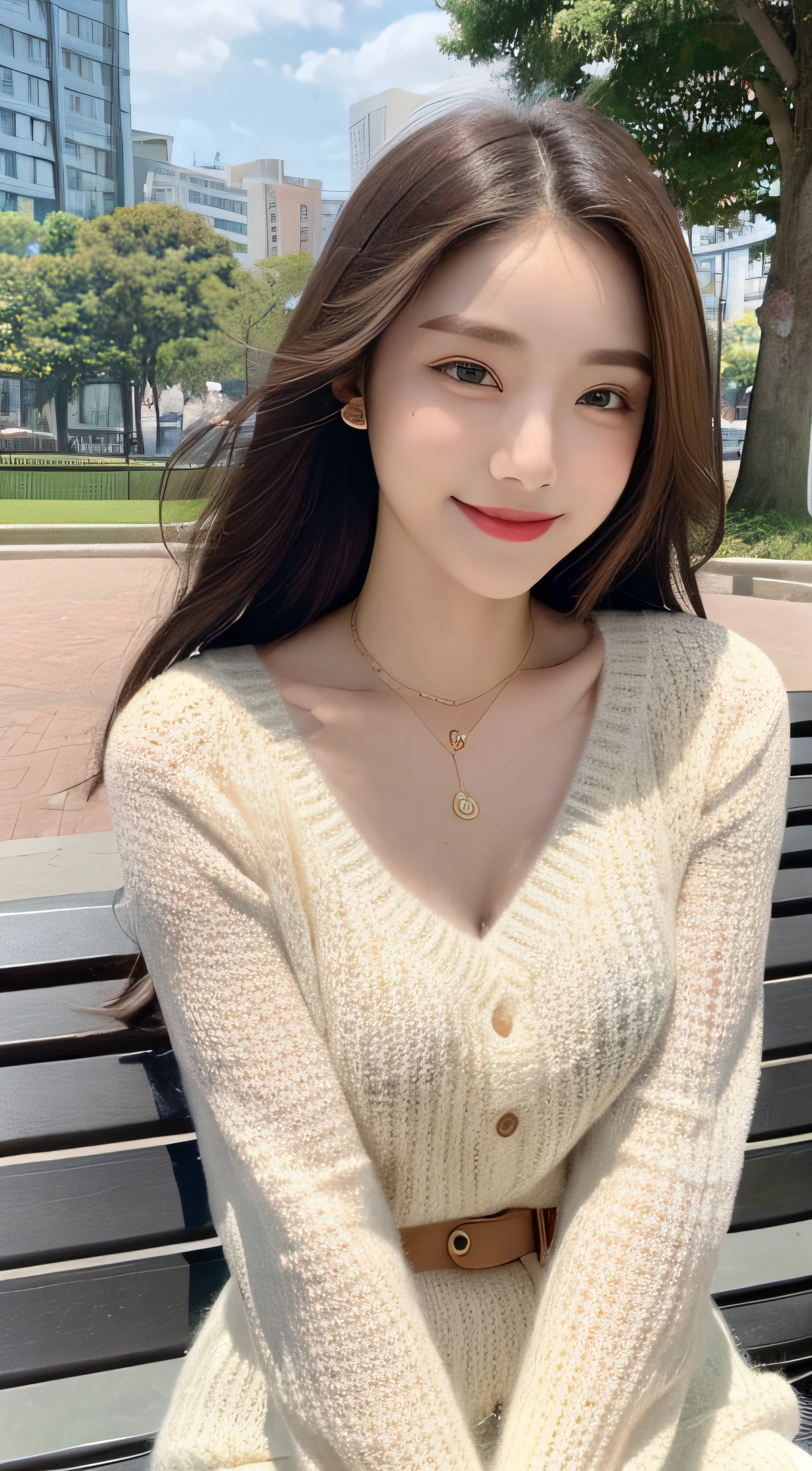 ((top quality, 8k, masterpiece: 1.3)), focus: 1.2, perfect body beauty: 1.4, buttocks: 1.2, (((delicate hair)), (sweater dress: 1.1), (sports car, street: 1.2), highly detailed face and skin texture, narrow eyes, double eyelids, whitened skin, smile, necklace, ring, person sitting on a park bench.