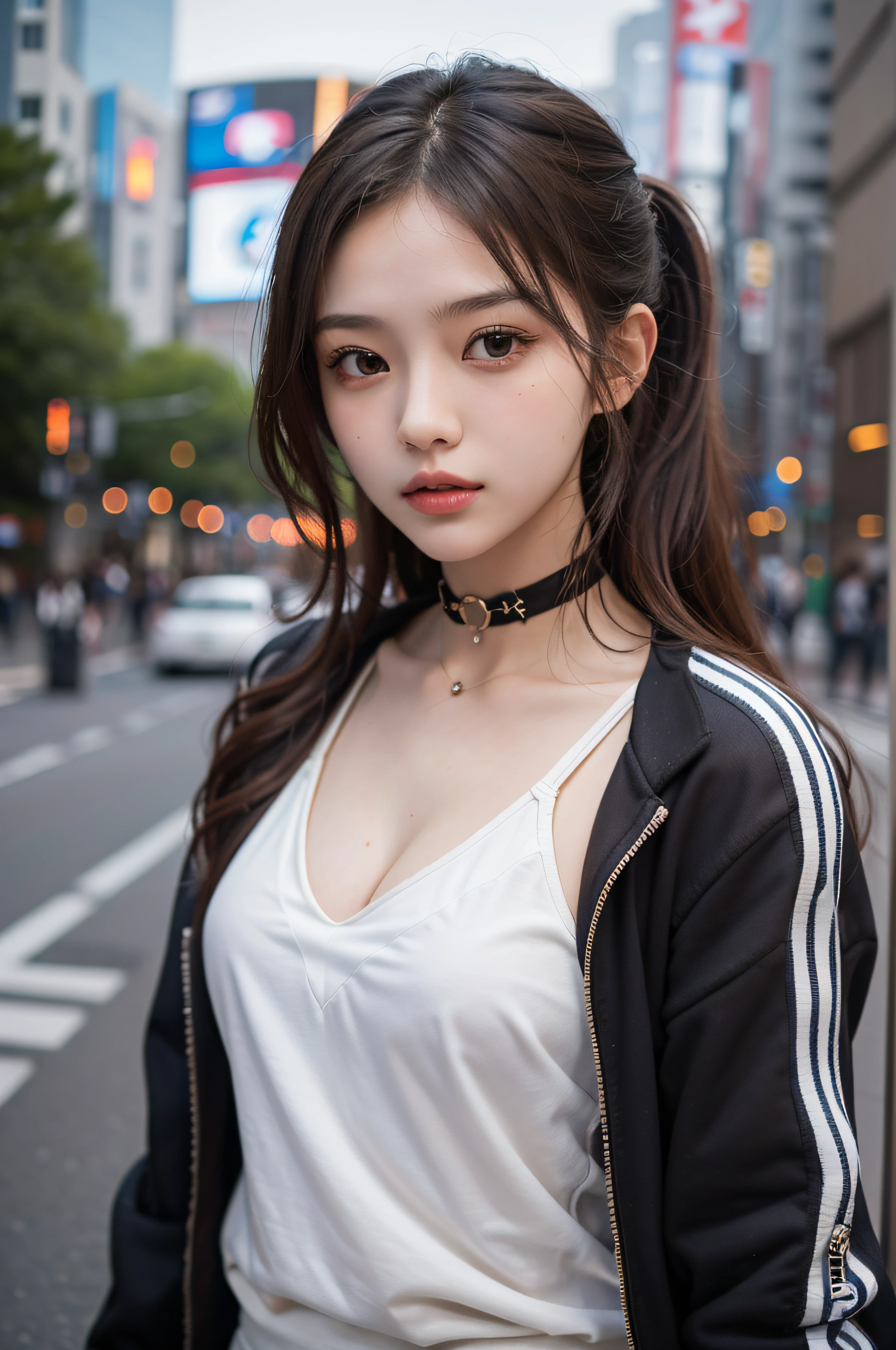 Best Quality Detail:1.2, realisitic, 8K UHD, hight resolution, 1girl in:1.2, The ultra-detailliert, High quality textures, intricate detailes, detaileds, Very detailed CG, High quality shadows, Detail Beautiful delicate face, Detail Beautiful delicate eyes, depth of fields, Ray traching, in her 20s, Pretty Kpop Girl, Korean Urzan Face:1.1, Slender face, ulzzang -6500-v1.1:0.6, pureerosface_v1, gloweyes, teak, Glossy lips, perfectbody, a choker、cleavage of the breast、 Brown hair、poneyTail:1.1, Street, Particle, look at viewr, Photorealsitic:1.4, ultra-detailliert, photos realistic, 4K 8K UHD Full Color RAW Photos, Fuji Film(Medium format:1.2), Hasselblad:1.2, Carl zeiss:1.1, Incredible dynamic range photography(UTIL_Art by Smoose-768:1.1), hight resolution, High pixel count, clear details, crisp image, Natural color reproduction, Noise Reduction, High fidelity, qulity, Software Improvements, Upscaling, Optimized algorithms, Pro-level retouching、((Shibuya, tokyo prefecture))、On the way to shopping、((Fashionable clothes with a very high design))、Casual Tracksuit: Sporty and casual tracksuit、Fashionable style