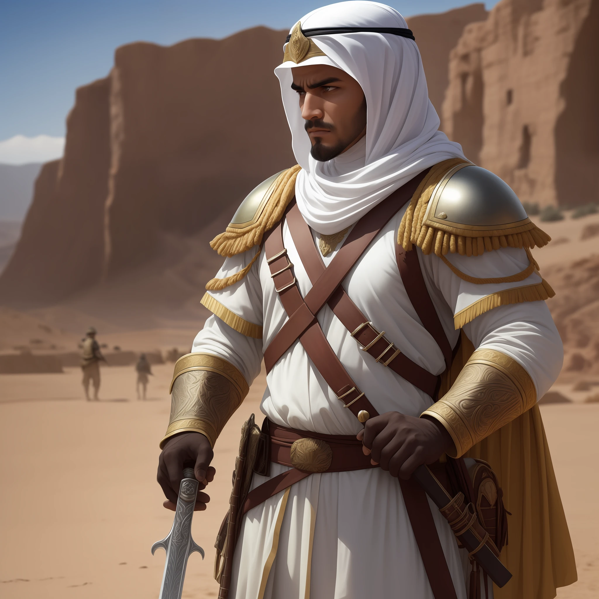 Step into the world of valor and courage with a captivating prompt featuring an Arab soldier wielding a gleaming sword. This evocative image depicts the soldier in the midst of an epic battle, standing tall and resolute. Clad in traditional armor that reflects the rich history and culture of the Arab region, the soldier exudes an aura of strength and determination.
The sword, held firmly in the soldier's hand, catches the light and glints with a sense of purpose. Its blade, carefully crafted with intricate details, symbolizes the soldier's unwavering commitment to protect and defend. With a backdrop of desert landscapes or ancient ruins, this scene immerses you in the timeless heritage of the Arab warriors.