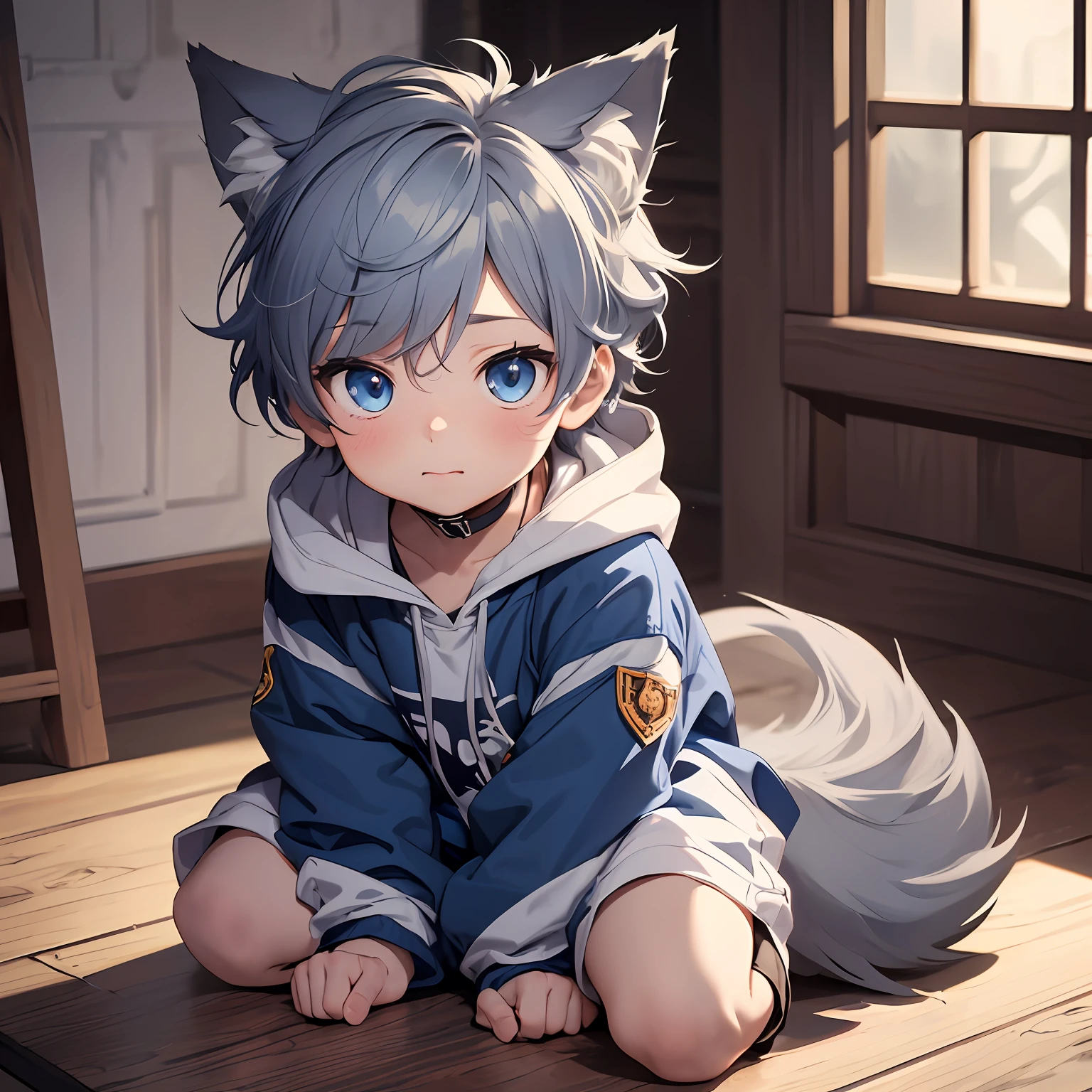 (1boy), (Shota), (HD quality, masterpiece level), cute teen character, dark gray hair, blue eyes, (wolf ears), (wolf tail), one tail, (no ears), little boy, (ears covered), (hair covered ears), a pinch of blue bangs, full body picture, chubby face, happy, cute feet, cute face, solo, cinematic lighting,