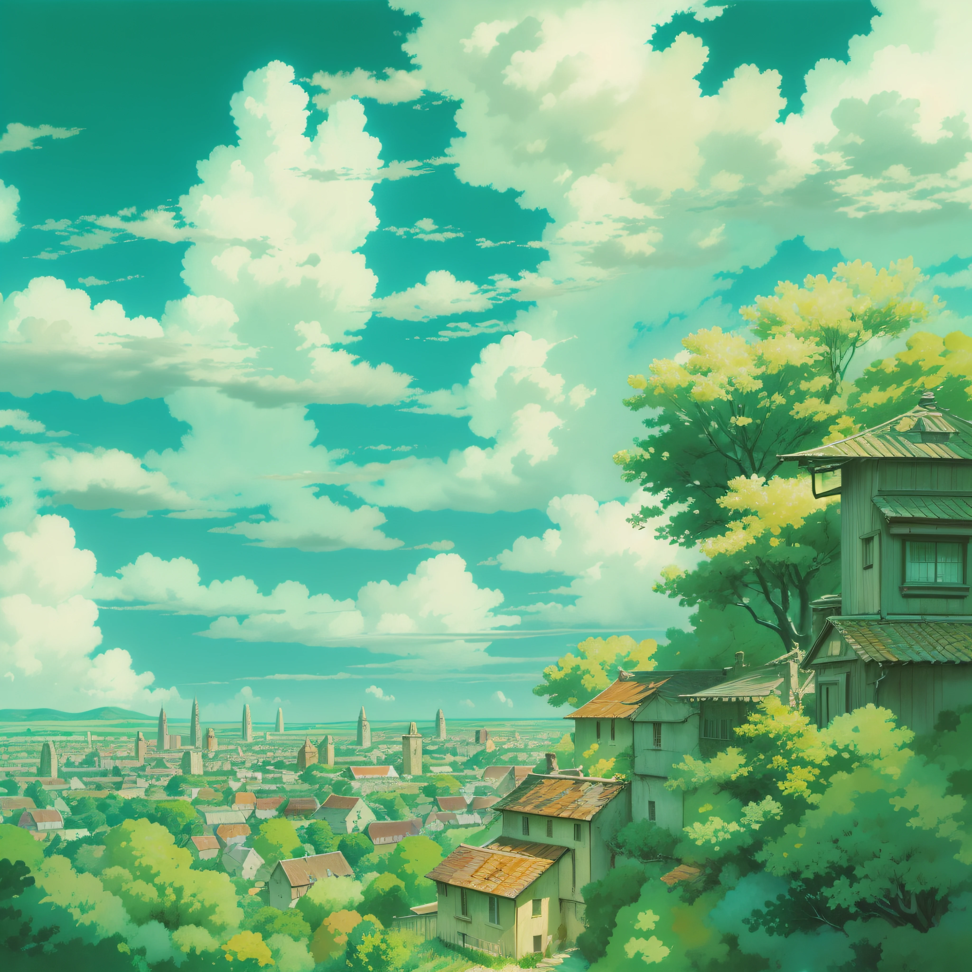 animesque、Skyscape with clouds、Landscape without buildings、You can see the touch of the brush、Studio Ghibli、Ghibli、a sultry、Scenery、Style、sky line