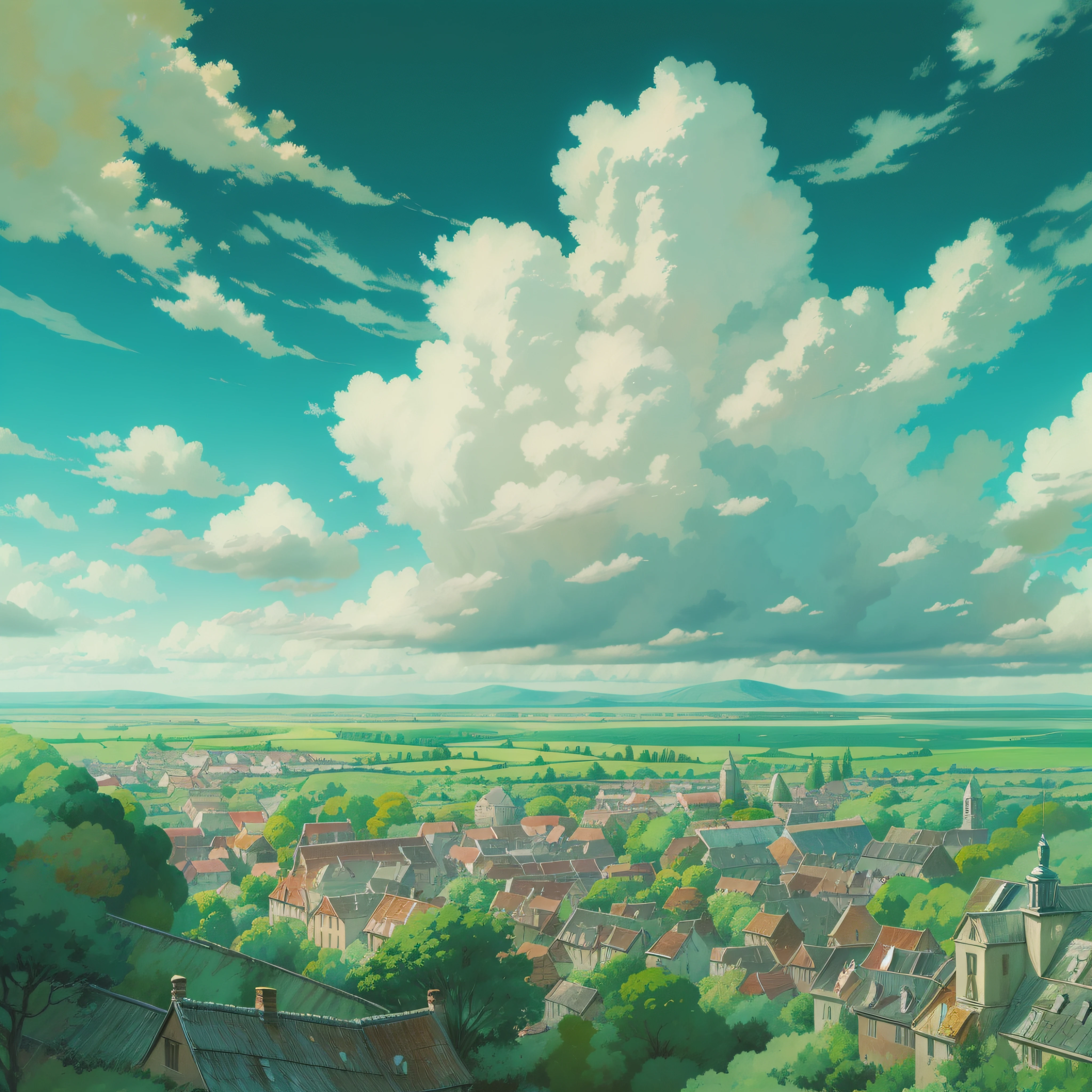 animesque、Skyscape with clouds、Landscape without buildings、You can see the touch of the brush、Studio Ghibli、Ghibli、a sultry、Scenery、Style、sky line