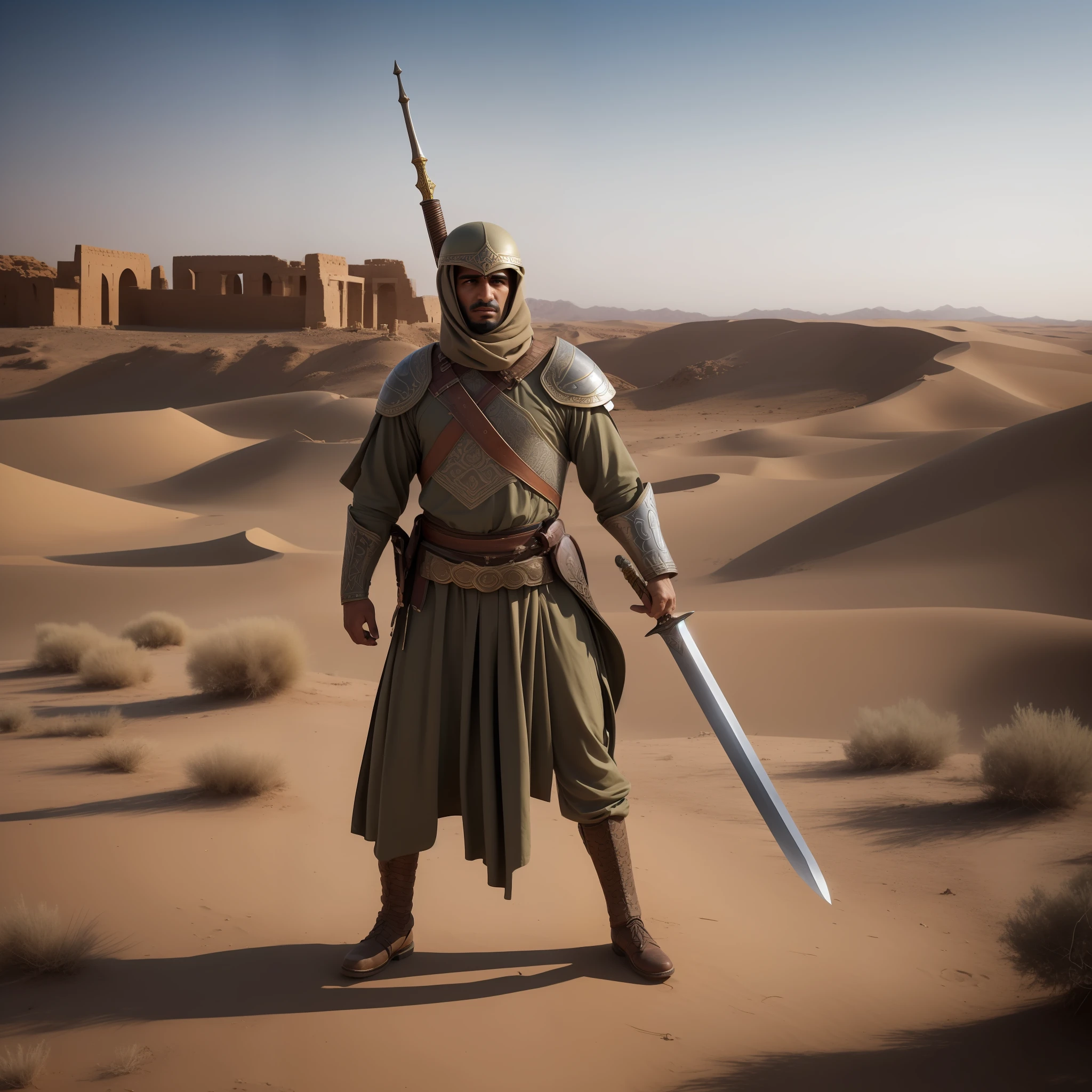 Step into the world of valor and courage with a captivating prompt featuring an Arab soldier wielding a gleaming sword. This evocative image depicts the soldier in the midst of an epic battle, standing tall and resolute. Clad in traditional armor that reflects the rich history and culture of the Arab region, the soldier exudes an aura of strength and determination.
The sword, held firmly in the soldier's hand, catches the light and glints with a sense of purpose. Its blade, carefully crafted with intricate details, symbolizes the soldier's unwavering commitment to protect and defend. With a backdrop of desert landscapes or ancient ruins, this scene immerses you in the timeless heritage of the Arab warriors.