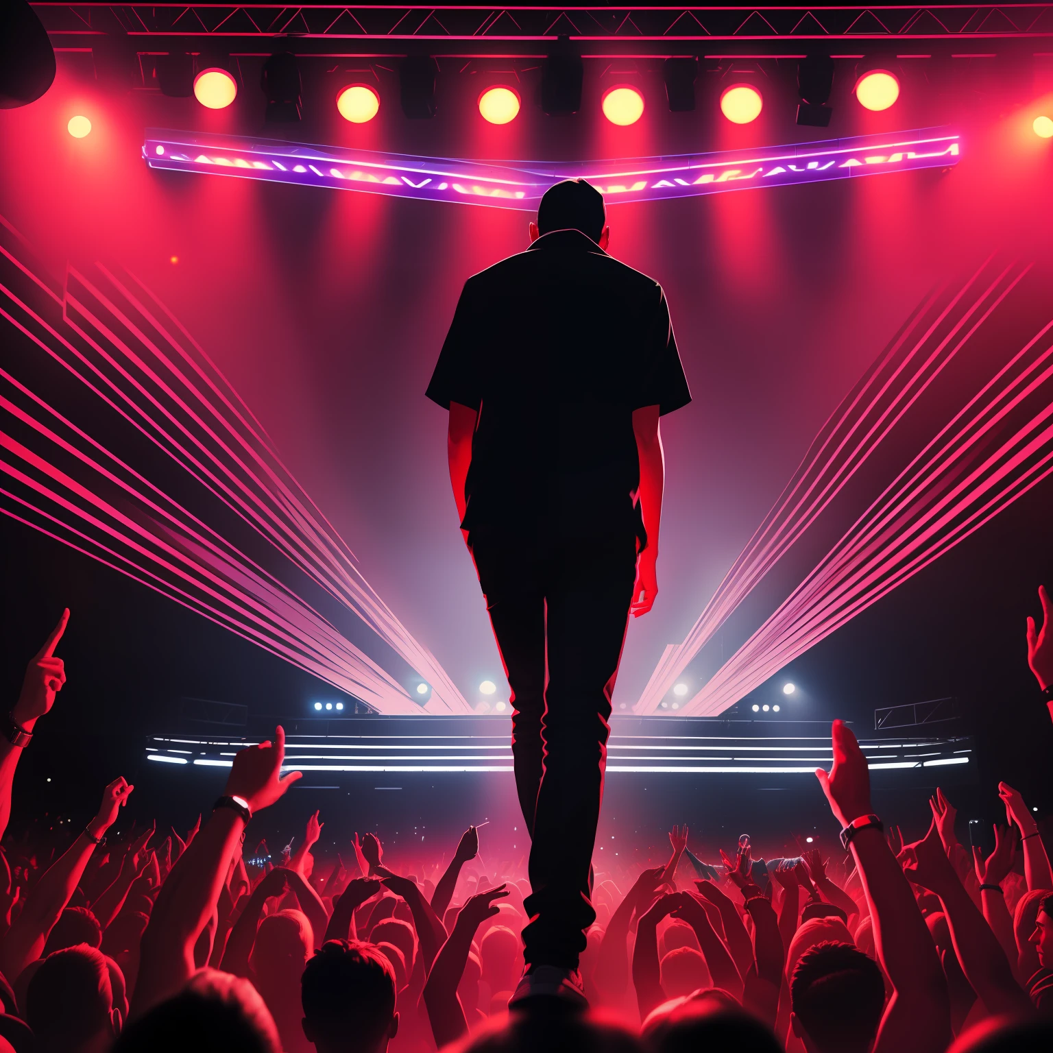 Album cover for a rap-trap song, (two guys, wearing black casual outfit on a main central stage in night club:1.2), nightclub lighting, neon lights, crowd watching, crowd cheering, dark silhouette of a woman dancing in a background, whole world watching her dance, whole planet watching her dance,
