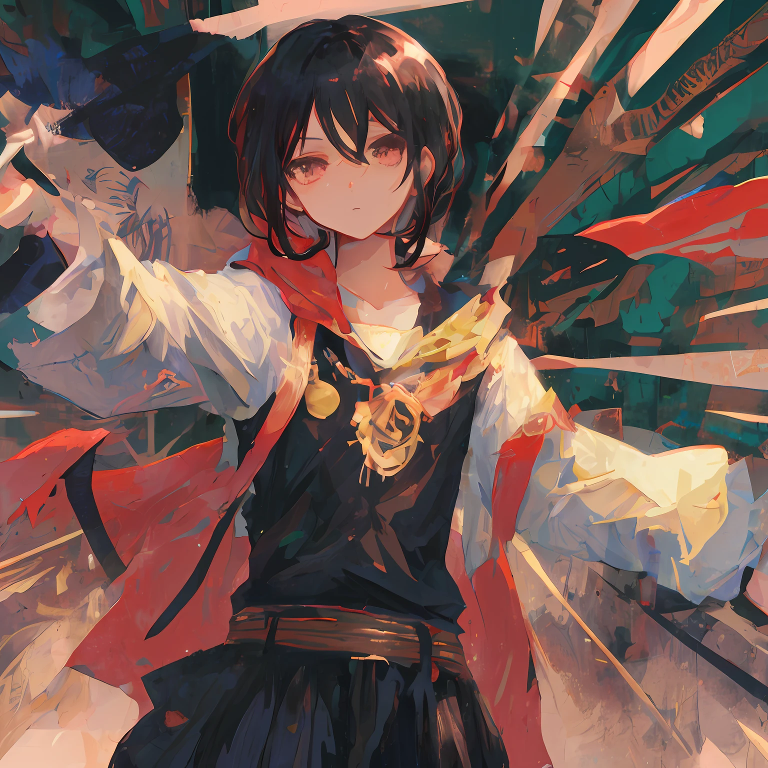 shoujo ink kamurai head black hair black clothes two-dimensional katana modern