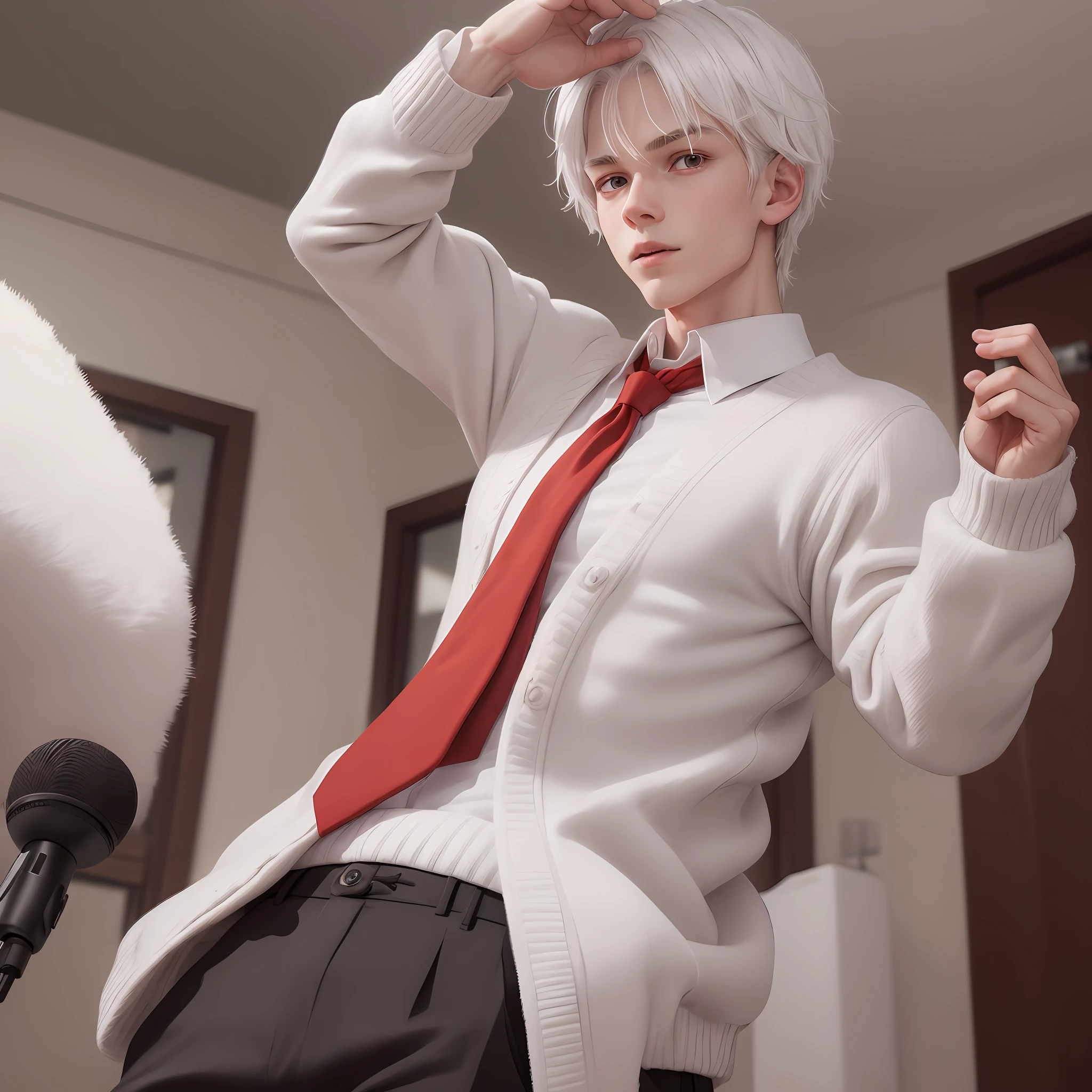 boy , White Hair , Red Eyes , Red sleeveless sweater , Red tie, Hold the microphone. , In the room , Cute white alpaca --auto