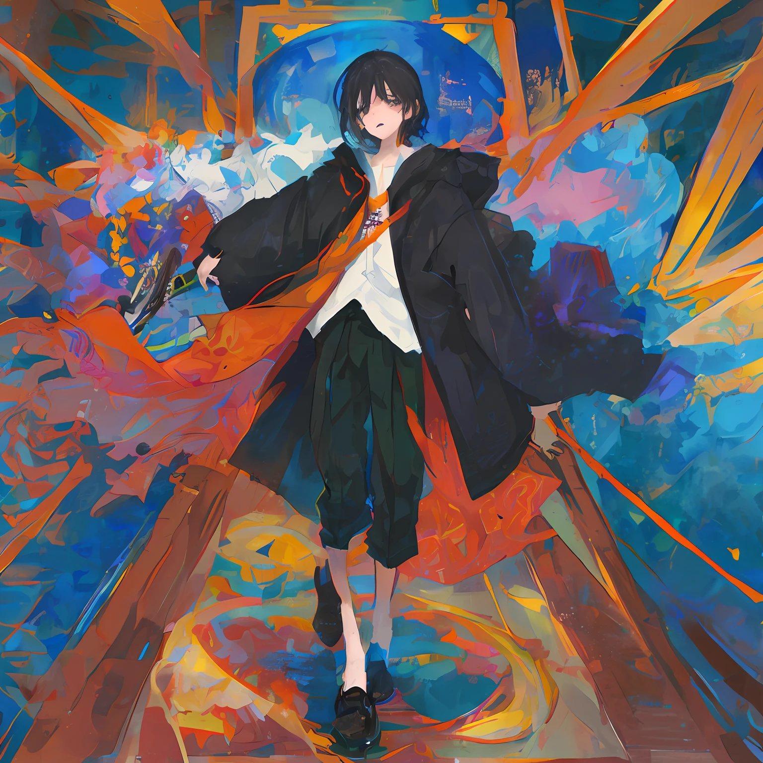 shoujo ink kamurai head black hair black clothes two-dimensional katana modern