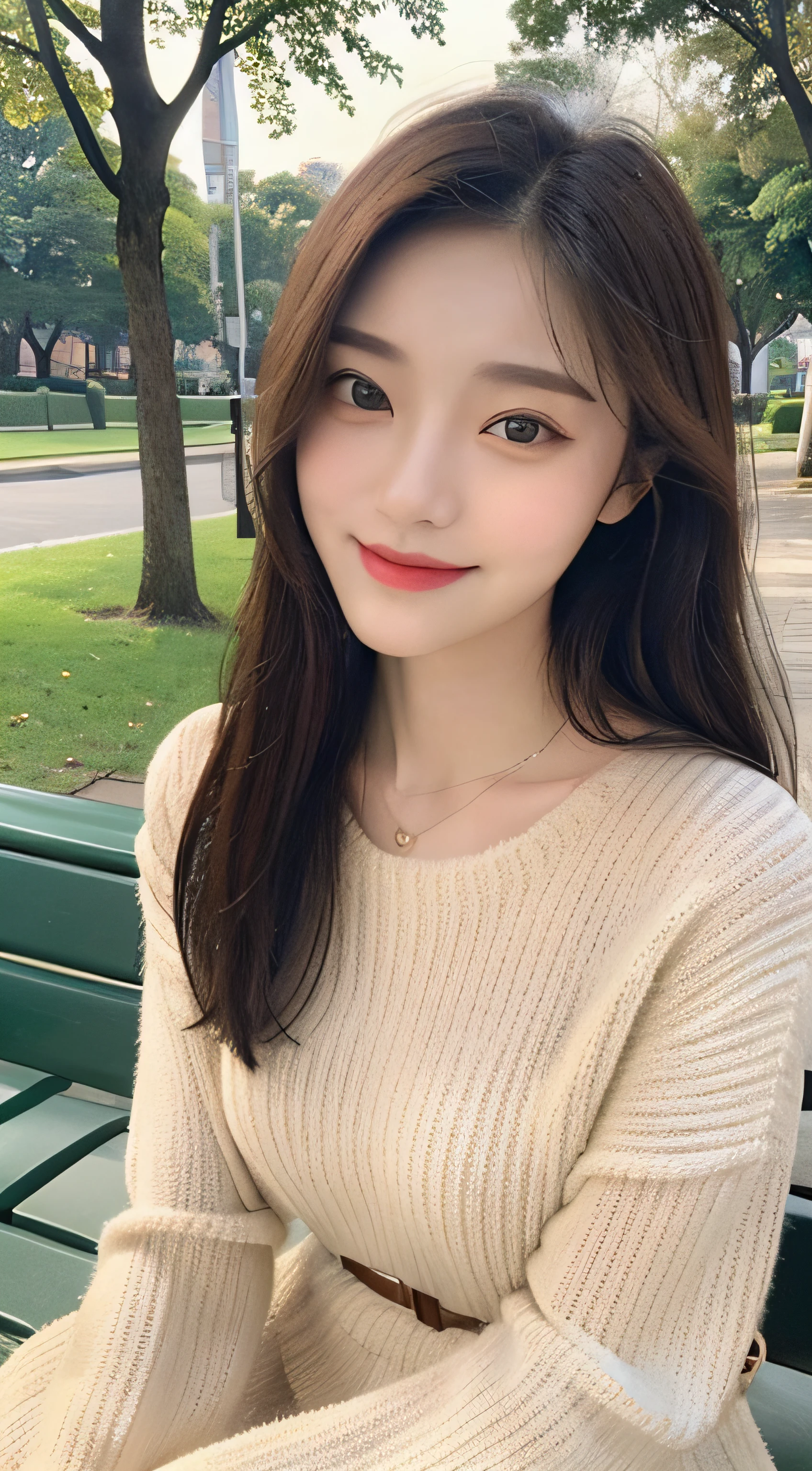 ((top quality, 8k, masterpiece: 1.3)), focus: 1.2, perfect body beauty: 1.4, buttocks: 1.2, (((delicate hair)), (sweater dress: 1.1), (sports car, street: 1.2), highly detailed face and skin texture, narrow eyes, double eyelids, whitened skin, smile, necklace, ring, person sitting on a park bench.