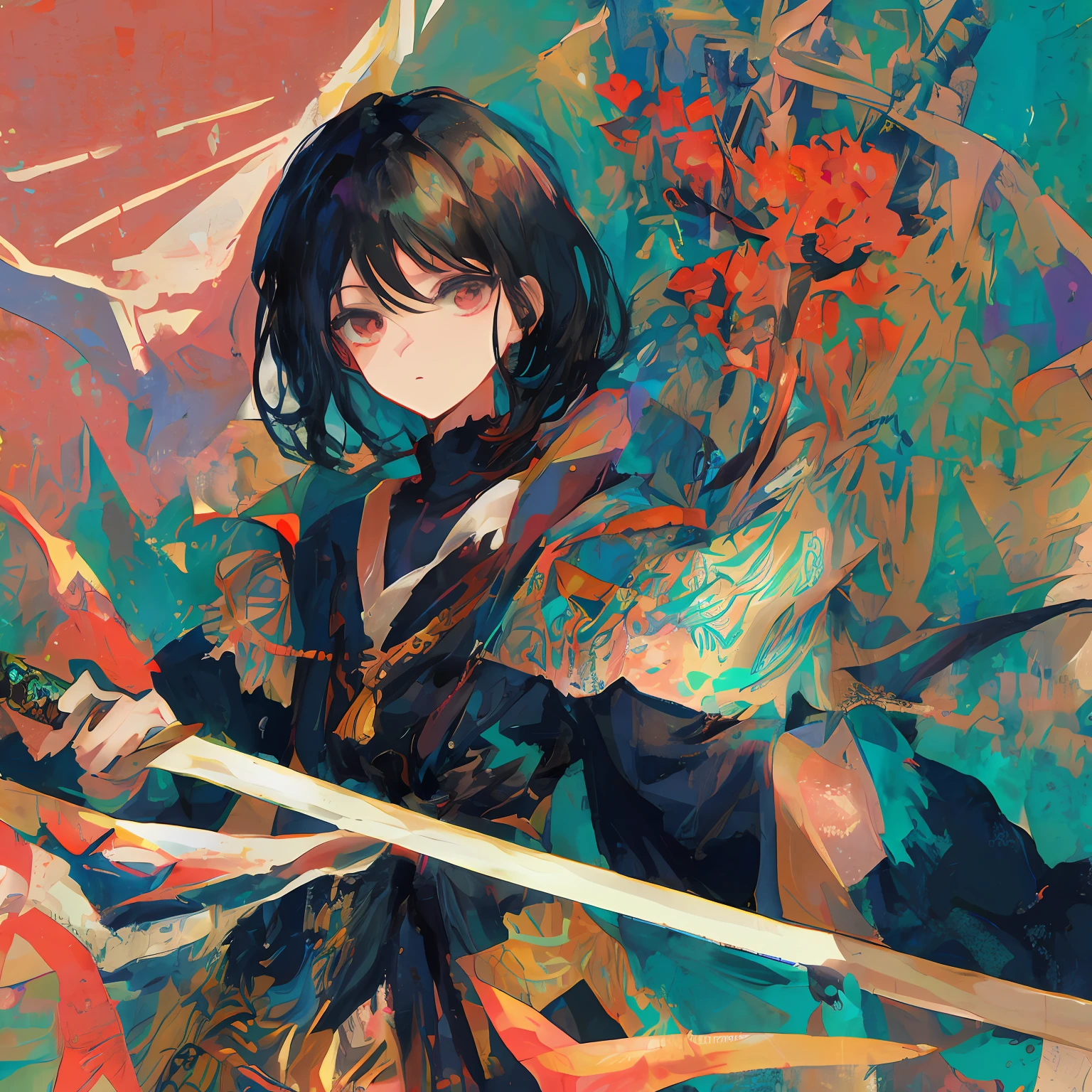 shoujo ink kamurai head black hair black clothes two-dimensional katana modern