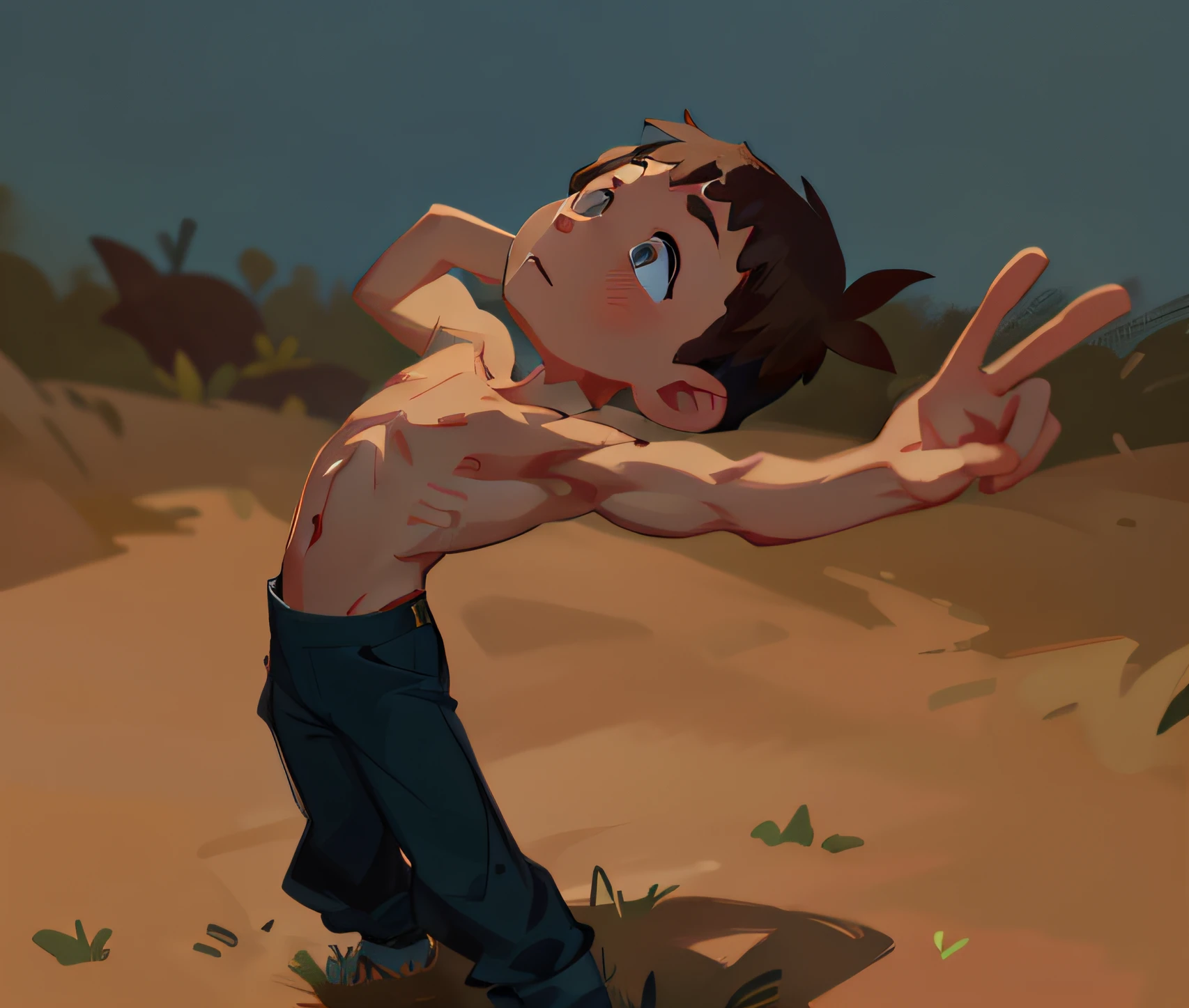 Keep the boy's body strong and correctly anatomical in a storyboard scene, remasterize-o como um desenho animado simples e estilizado no estilo de arte conceitual em Photoshop.