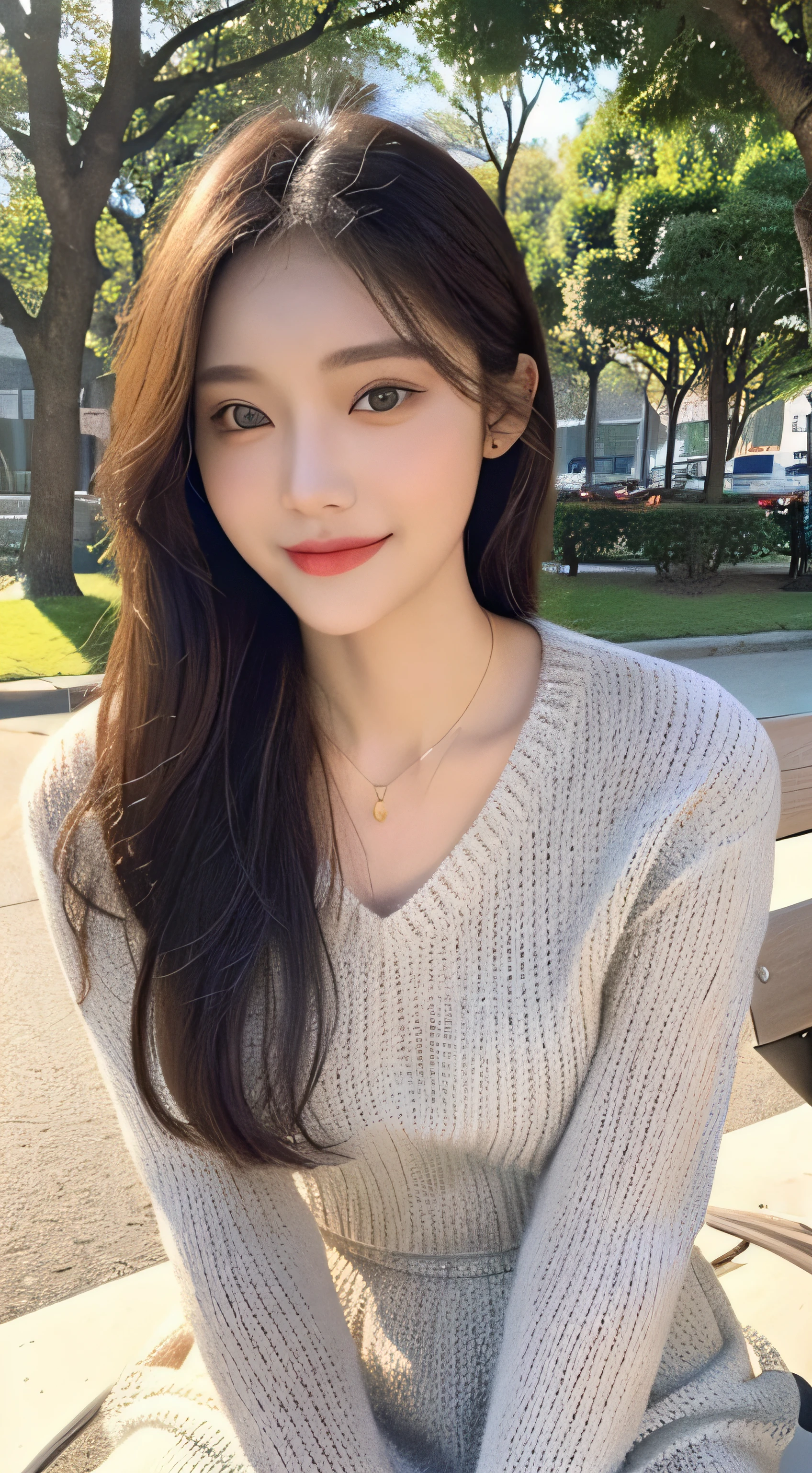 ((top quality, 8k, masterpiece: 1.3)), focus: 1.2, perfect body beauty: 1.4, buttocks: 1.2, (((delicate hair)), (sweater dress: 1.1), (sports car, street: 1.2), highly detailed face and skin texture, narrow eyes, double eyelids, whitened skin, smile, necklace, ring, person sitting on a park bench.