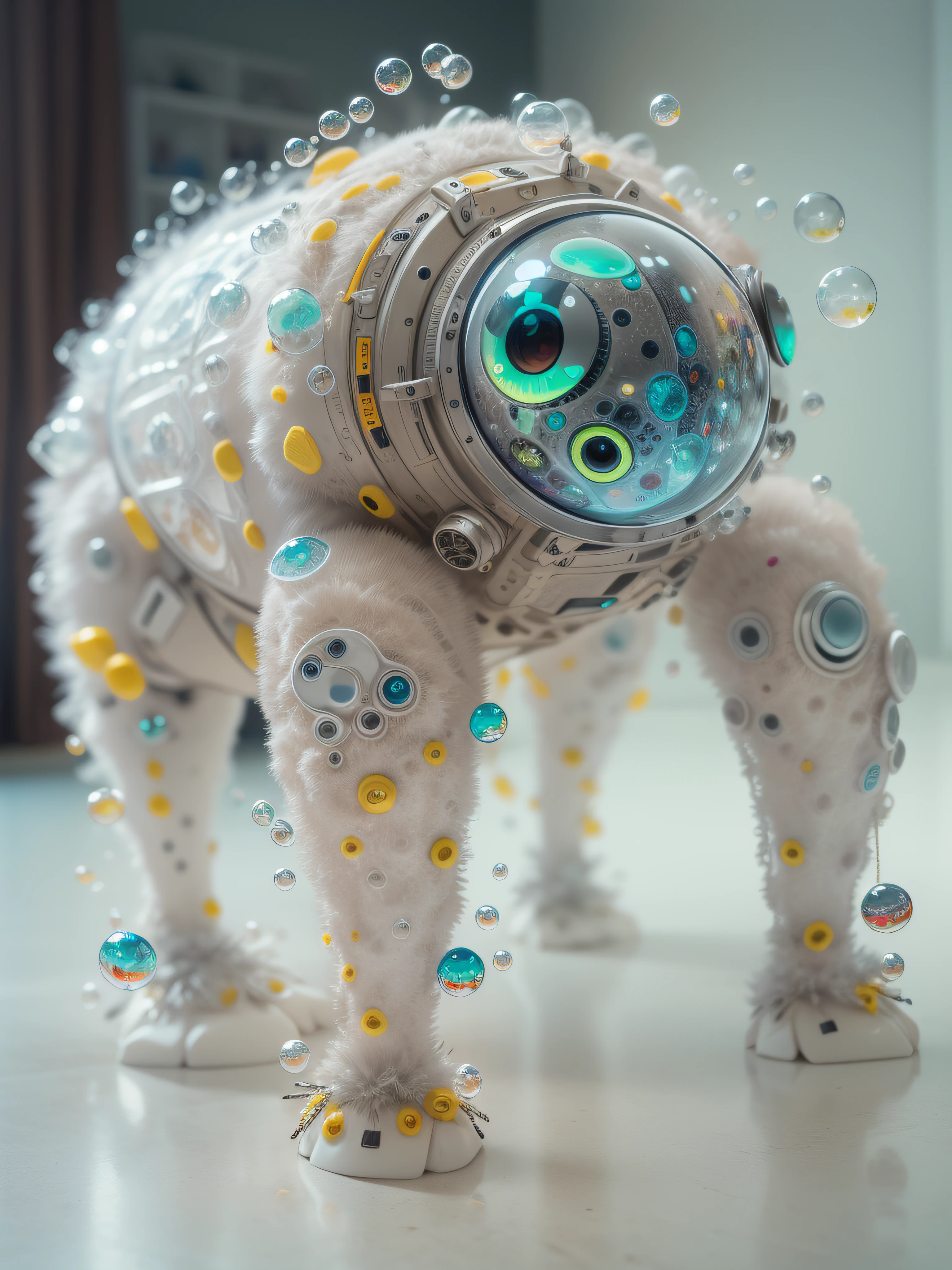 a cybernetic symbiosis of a single fluffy polar bear organic suit made of pearlescent wearing anodized thread knitted shiny ceramic multi colored yarn thread infected with kevlar, ferrofluid drips, carbon fiber, ceramic cracks, gaseous blob materials and diamond 3d fractal lace iridescent bubble 3d skin dotted covered with orb stalks of insectoid compound eye camera lenses orbs floats through the living room