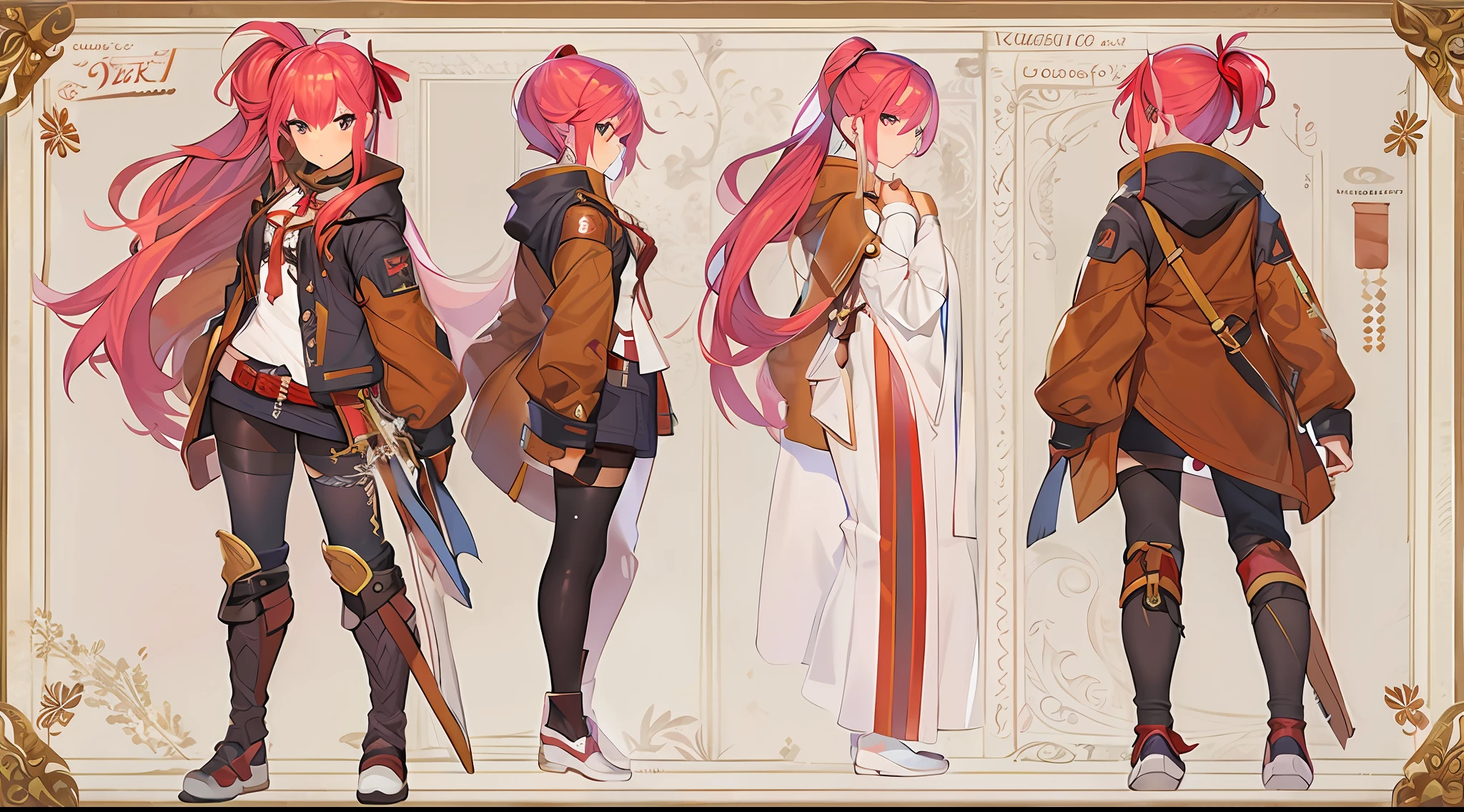 masterpiece,(best quality), ((tall anime girl with red hair and tanned skin)), wearing bard outfit, female protagonist 👀 :8, cushart kenz, final fantasy 14 art style, , anime style character, anime character design, female anime character, sakura haruno, fullbody, ponytail, magicalgirl, jacket over uniform,red hair, ribbon on chest,( ( character concept art ) )