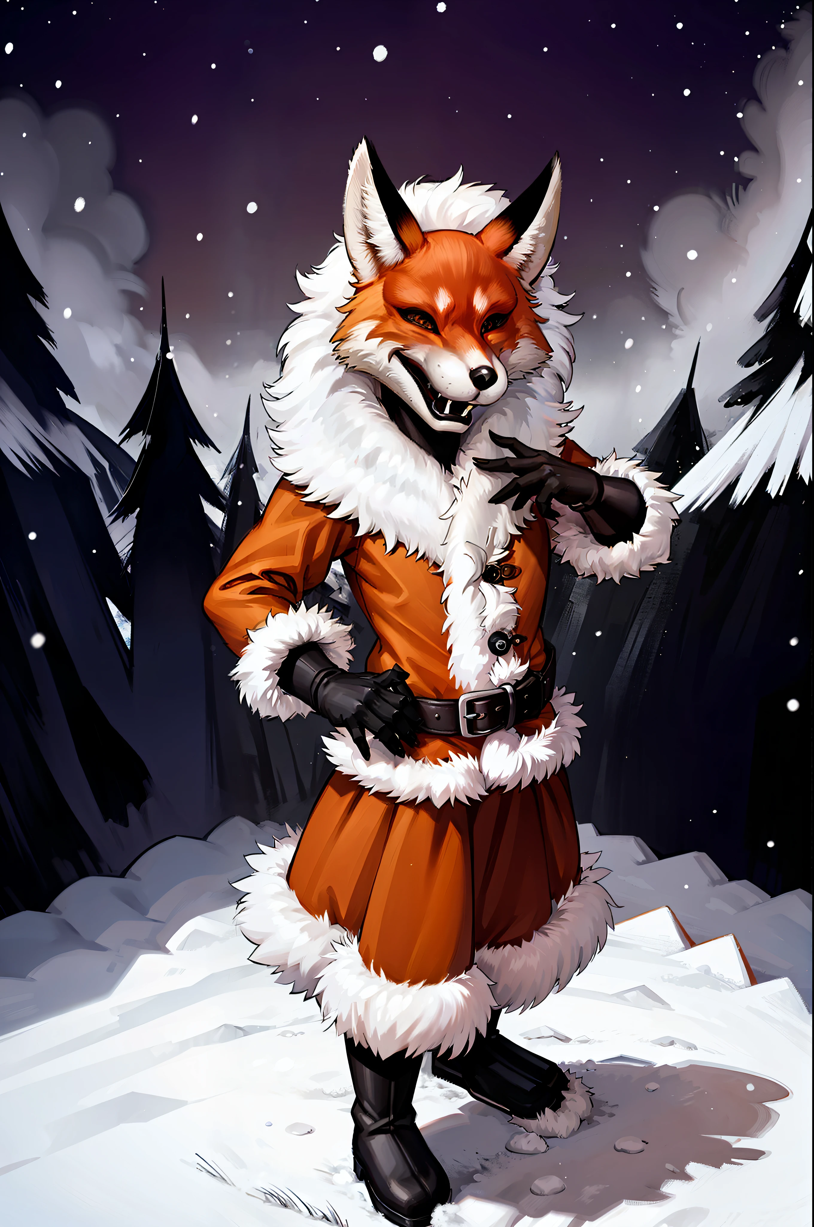 (tmasterpiece), 4k resolution, A highly detailed, (hiquality), HDR, 独奏, 1 animal, red fox, 25 years, ((Adult female)), ((muscular)), pectoral muscles, 独奏, (Furry), ((furry female)), Animal nose, (Fox muzzle), Yellow eyes, animal ears, Fox Girl, orange furr, Fox ears, The animal's ear is fluffy, Foxtail, Body fur, open mouth, ((Evil grin)), fangs, (Winter fur coat), (Knee-length winter skirt), fur collar, fur-trim, gloves, black gloves, (winter boots), looking a viewer, object \(The Great Red Moon\), Snow-covered forest in the background, night  sky, night time, snowing, Standing, hands on the belt, Legs Spread Out,
