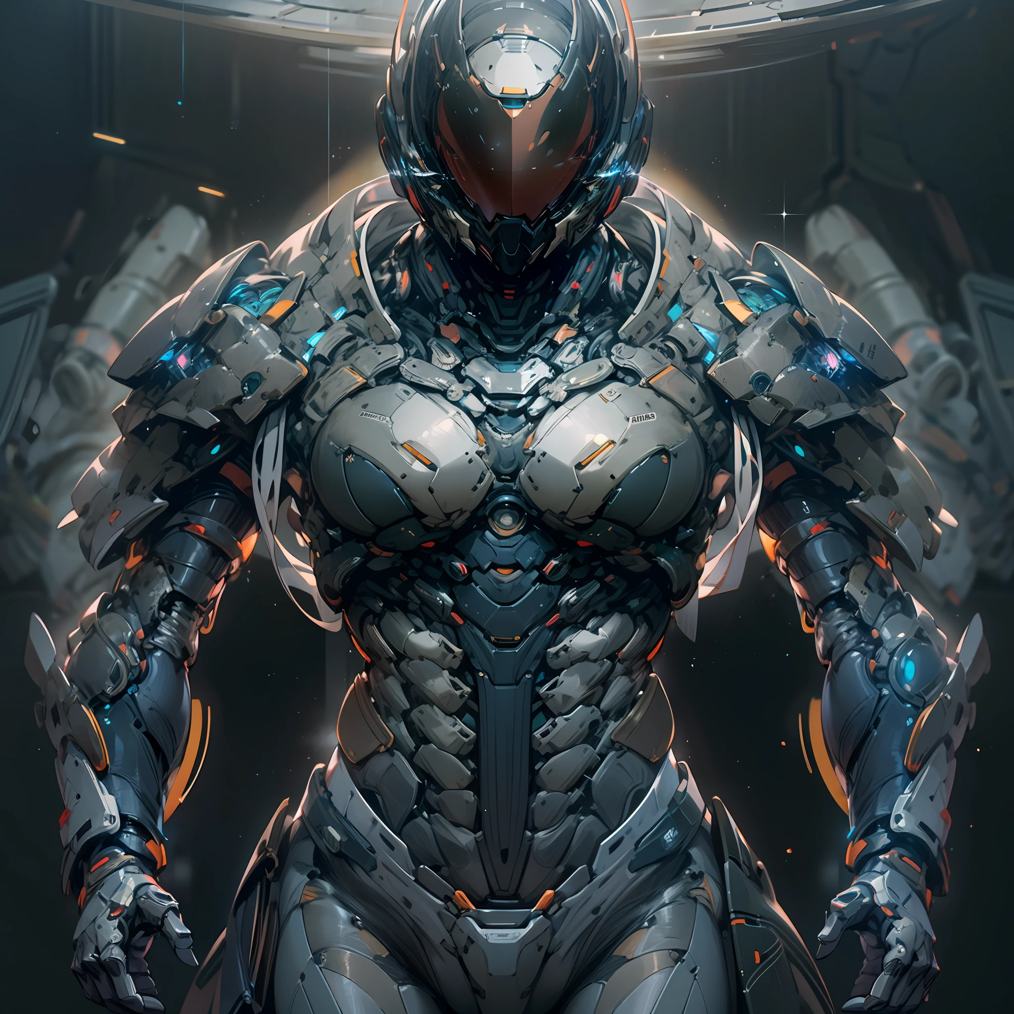 Full body, dark navy space suit, combat posture, sharp creases on the surface of the shell, streamlined curves and transitions, tightly connected abdominal armor showing symmetrical angles, with biological rib like abdominal armor layer by layer covering and connecting, and shining veins between the gaps of abdominal armor. The EVA of the back armor combines the shell and electronicses, best qualtiy, Realiy, ultra-detailliert,8k,