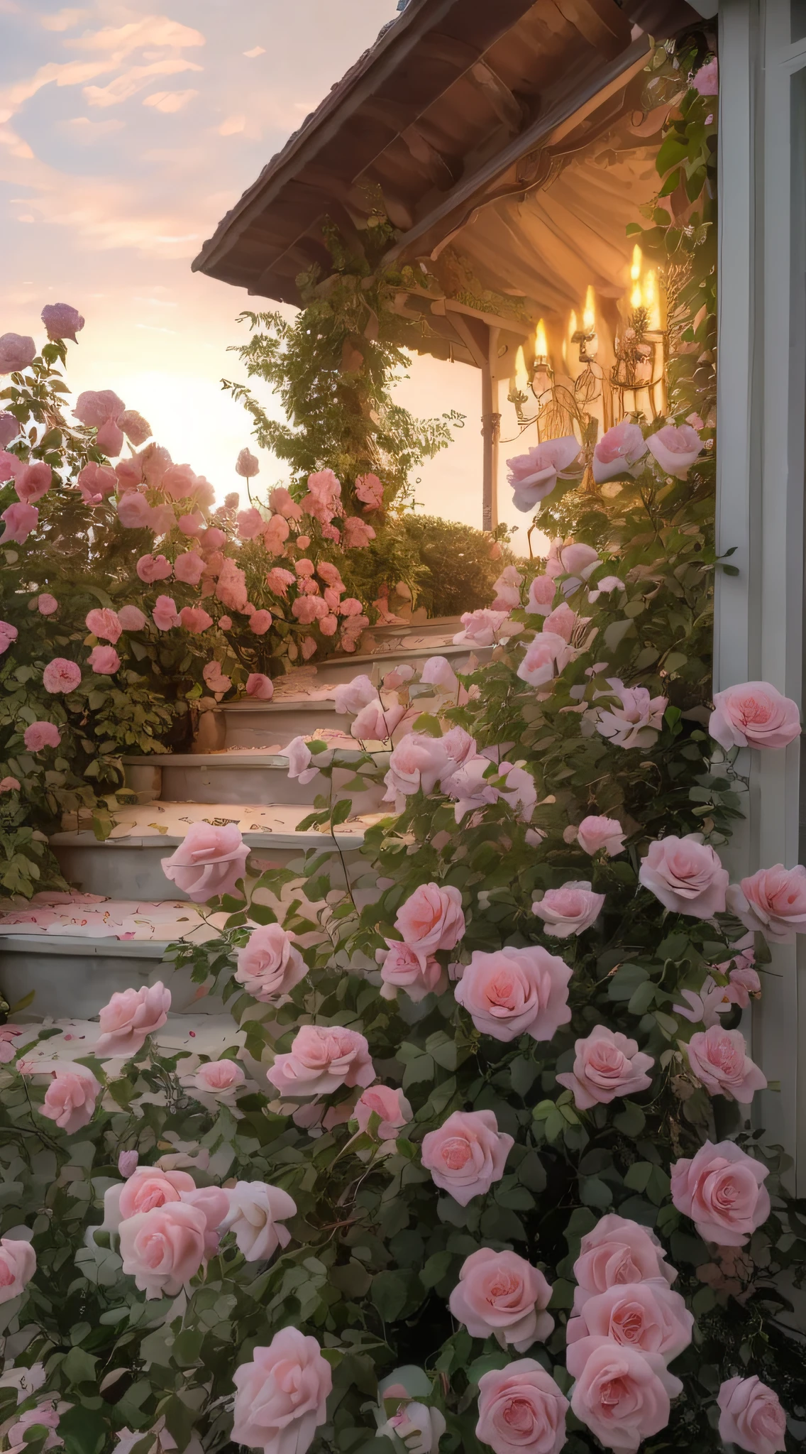 A bush of pink roses outside the house, beautiful and aesthetic, soft pink, beautiful aesthetic, roses in movie lights, lush flowers outdoors, nature and floral aesthetics, rose garden, roses, portal made of roses, beautiful images, roses, fantastic aesthetics, in a cottage core garden, pink golden hour, (masterpiece:1.6, best quality), (fine detailed beautiful eyes: 1.2), (extremely detailed CG unity 8k wallpaper, masterpiece , super detailed, best shadows), (detailed background), high contrast, (best lighting, extremely delicate and beautiful), ((color paint splatter on transparent background, Dulux,)), ((caustics) ), dynamic angles, beautiful detail glow,