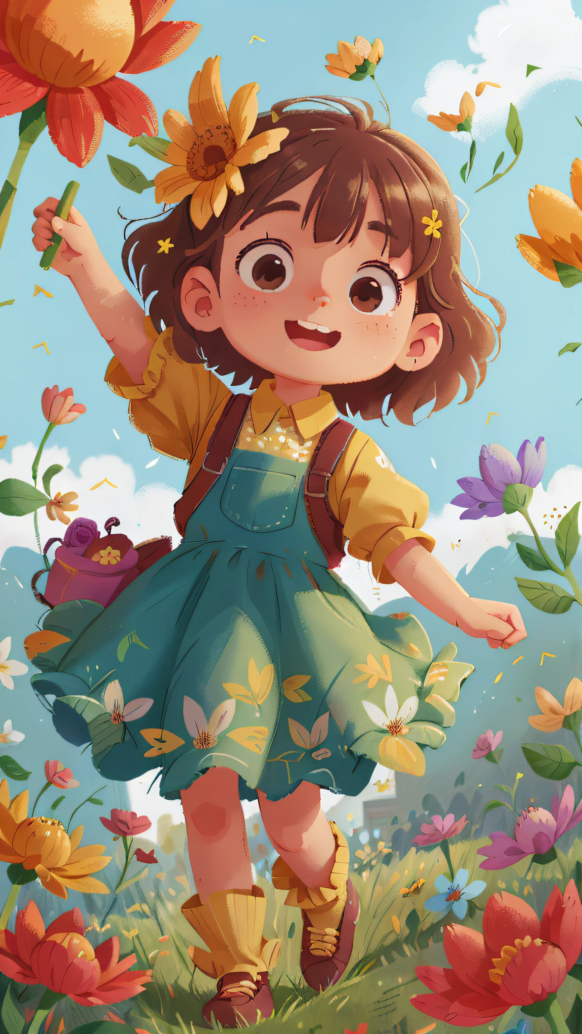 A girl holding flowers, colorful balloons floating in the sky, meadow, dancing, holding flowers, happy, happy, perfect quality, clear focus (clutter-home: 0.8), (masterpiece: 1.2) (Realistic: 1.2) (Bokeh) (Best quality) (Detailed skin: 1.3) (Intricate details) (8K) (Detail Eyes) (Sharp Focus), (Happy)