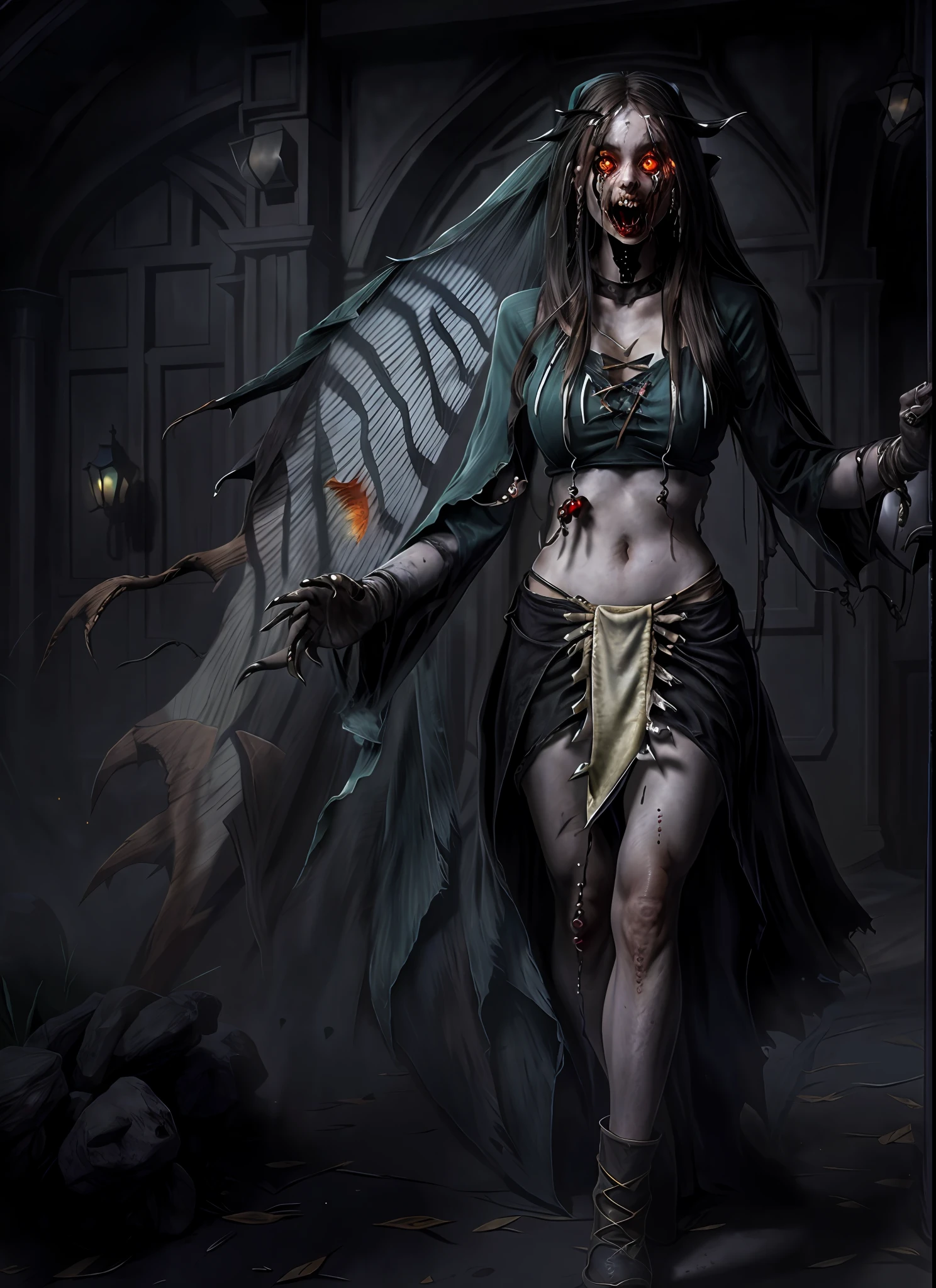 a banshee haunting a cimetery,ultra realistic 8k cg,best quality, picture-perfect face, flawless, clean,realistic, masterpiece, photorealistic lighting,detailed face,ray tracing,warm light,motion blur ,perfect face, beautiful face,((perfect female body, narrow waist)),(hair over eyes:1.3),long pointy ears,ultra detail hair, ultra detail face,huge breasts,huge ass,europeen,skirt,panties,((detailed facial features)),ghost style,