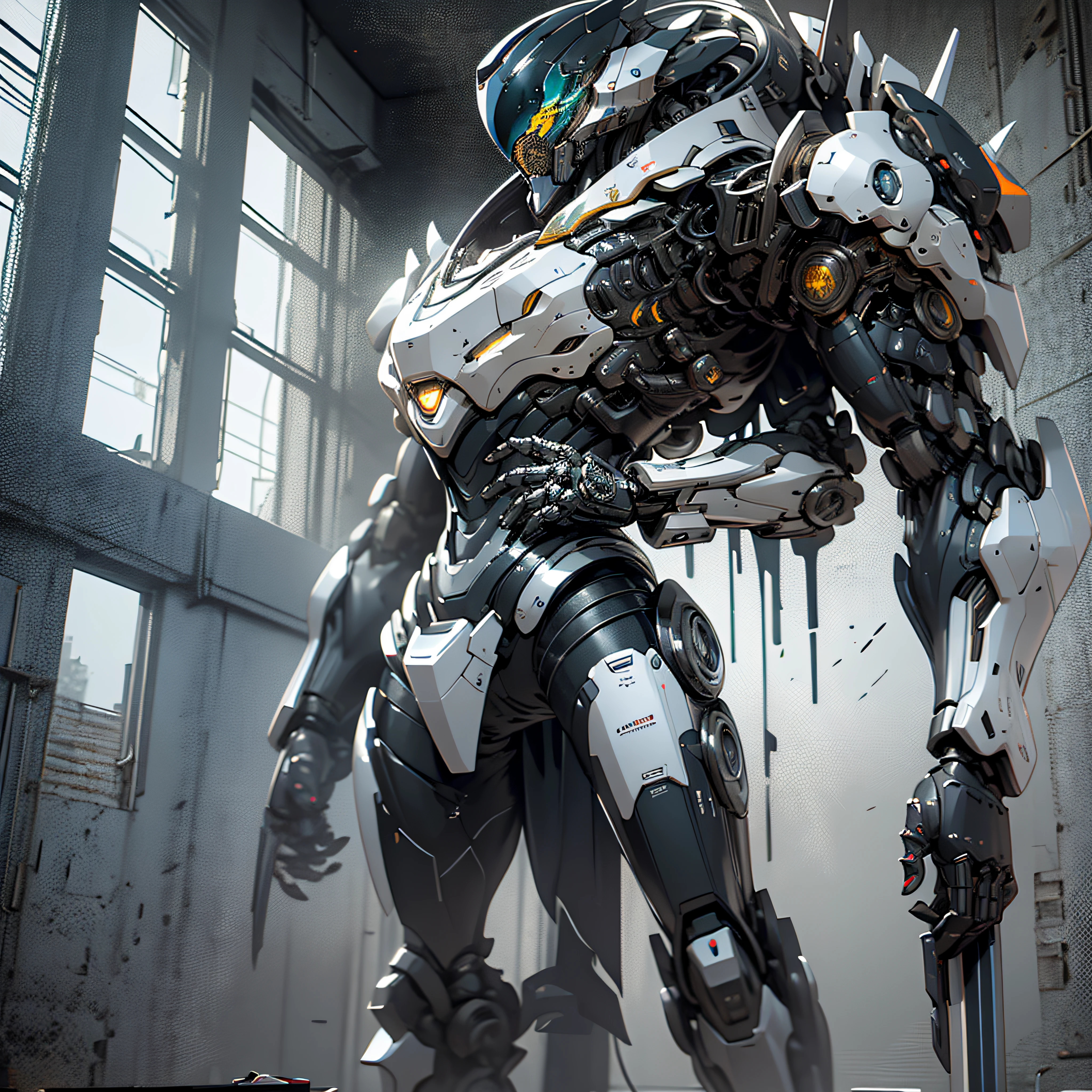 "1 female character inside a massive, robust silver chrome intricate exoskeleton robot, adorned in (bulky) silver (chrome) and black intricate armor, creating a powerful mecha aesthetic. The artwork features an emphasis on ink-style detailing, clean lines, negative space utilization, high contrast, and a captivating gradient color scheme, photo-realistic, octane render, unreal engine, ultra-realistic