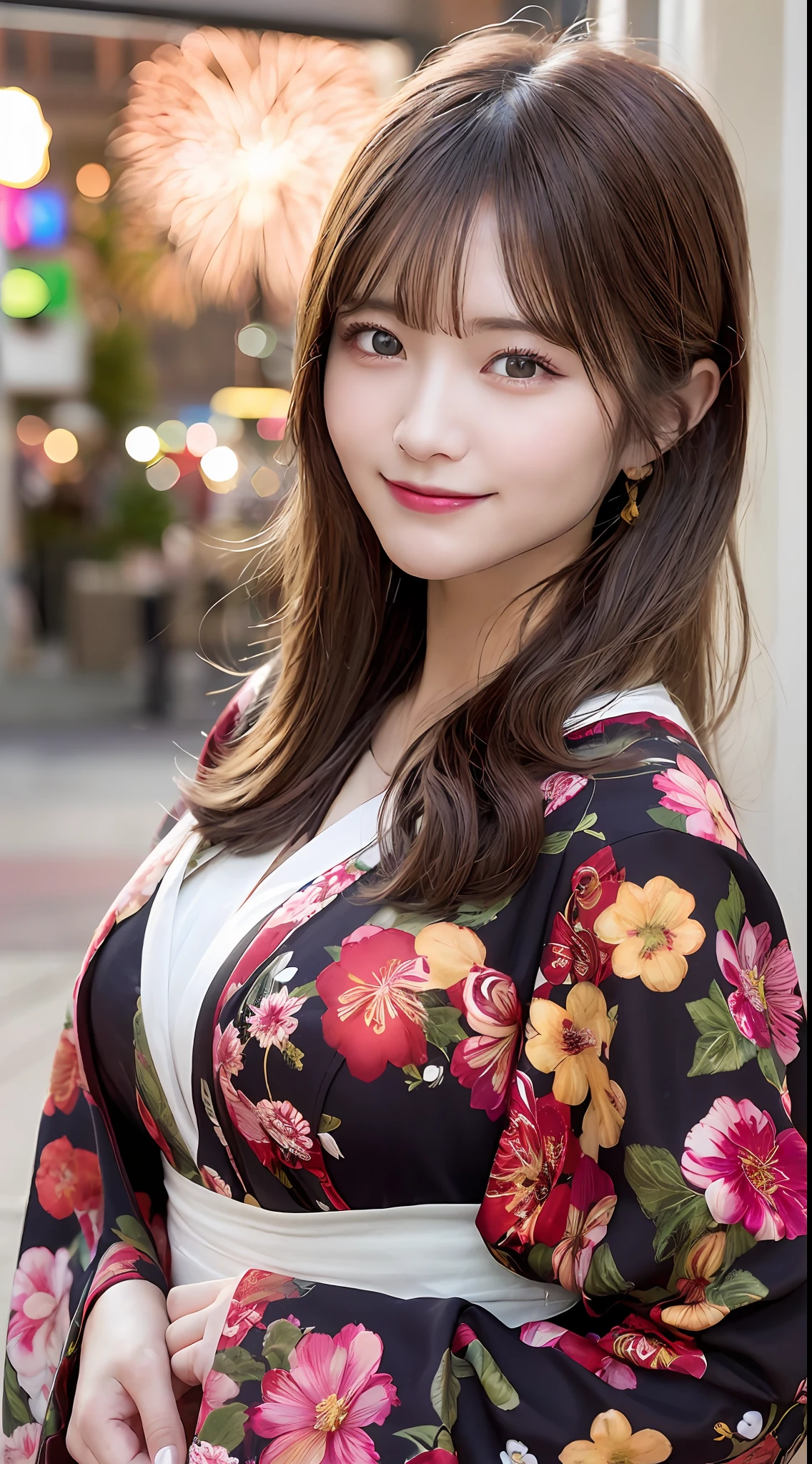 ((top-quality、8k wallpaper:1.3、​masterpiece:1.3))、Beautiful Women in Perfect Style:1.4、Slender Abs:1.2、beautiful countenance、Delicat eyes、((dark brown  hair、bobhair、huge tit:1.2))、(reddish、、with floral pattern、Kimono、:1.1)、Fireworks Festival:1.2、Highly detailed facial and skin texture、A detailed eye、二重まぶた、Fireworks Festival、a smile