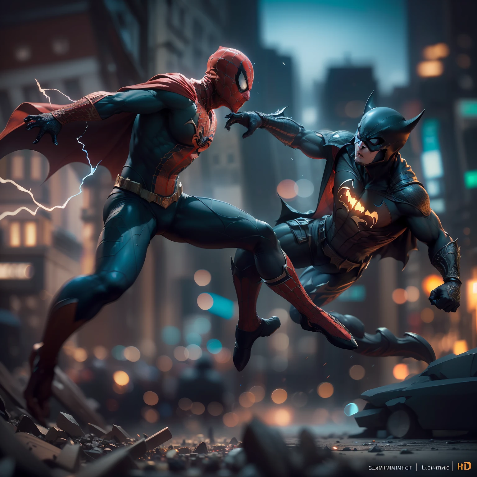 [Epic scene of Spiderman and Batman fighting in front of a cityscape at night, dynamic action pose, (cinematic lighting:1.5), (dramatic angle:1.2), (intense facial expressions:1.4), Spiderman shooting webs, Batman throwing batarangs, debris flying, (shallow depth of field:1.6), (lens flares:1.3)], photographed with Canon EOS 5D Mark IV, (85mm focal length:1.2), f/1.4 aperture, (shallow depth of field:1.5), (wide angle:1.3), (HDR toning:1.6), (vibrant colors:1.4), (intricate details:1.6), (8k resolution: 2.0), (cinematic mood:1.7), by Greg Rutkowski and Artgerm, (trending on Artstation: 1.5)