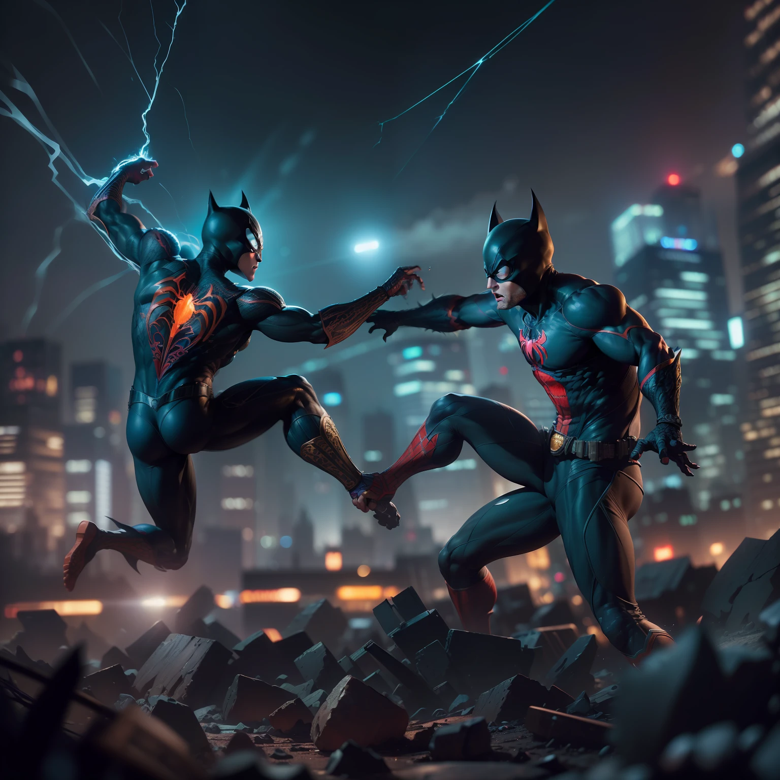 [Epic scene of Spiderman and Batman fighting in front of a cityscape at night, dynamic action pose, (cinematic lighting:1.5), (dramatic angle:1.2), (intense facial expressions:1.4), Spiderman shooting webs, Batman throwing batarangs, debris flying, (shallow depth of field:1.6), (lens flares:1.3)], photographed with Canon EOS 5D Mark IV, (85mm focal length:1.2), f/1.4 aperture, (shallow depth of field:1.5), (wide angle:1.3), (HDR toning:1.6), (vibrant colors:1.4), (intricate details:1.6), (8k resolution: 2.0), (cinematic mood:1.7), by Greg Rutkowski and Artgerm, (trending on Artstation: 1.5)