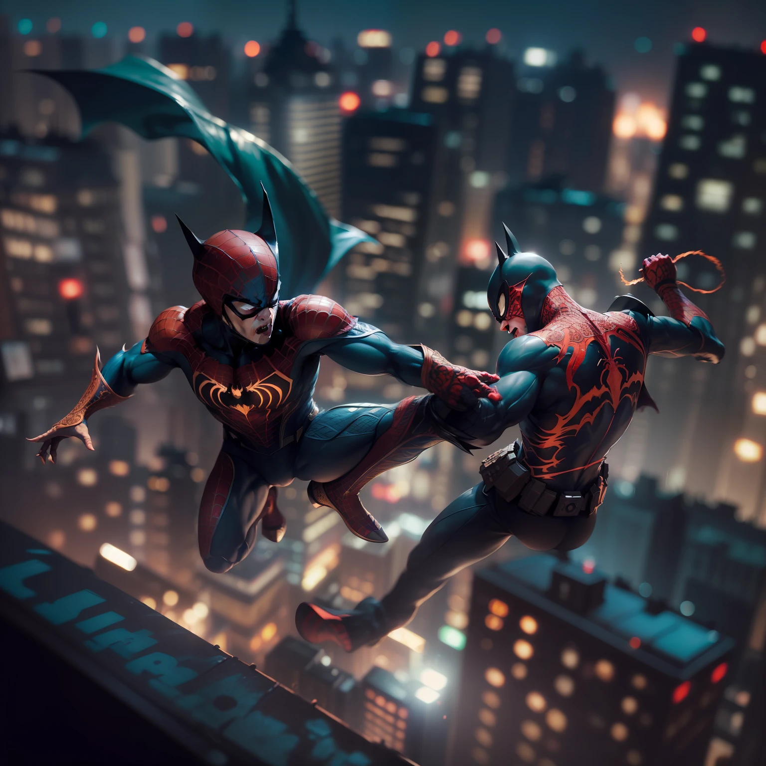 [Epic scene of Spiderman and Batman fighting in front of a cityscape at night, dynamic action pose, (cinematic lighting:1.5), (dramatic angle:1.2), (intense facial expressions:1.4), Spiderman shooting webs, Batman throwing batarangs, debris flying, (shallow depth of field:1.6), (lens flares:1.3)], photographed with Canon EOS 5D Mark IV, (85mm focal length:1.2), f/1.4 aperture, (shallow depth of field:1.5), (wide angle:1.3), (HDR toning:1.6), (vibrant colors:1.4), (intricate details:1.6), (8k resolution: 2.0), (cinematic mood:1.7), by Greg Rutkowski and Artgerm, (trending on Artstation: 1.5)