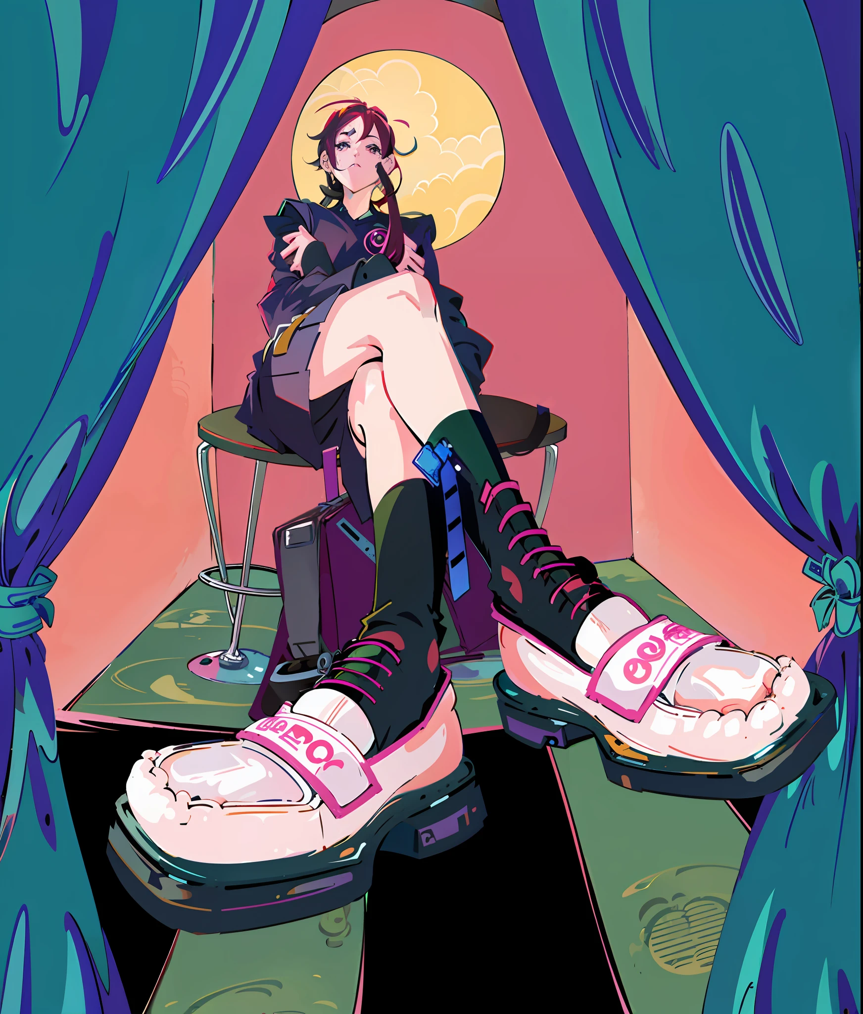There is a woman sitting on a chair,legs crossed, in style of digital illustration, in the art style of 8 0 s anime, the anime girl is crouching, 90's anime style, 9 0 s anime style, tall female emo art student, modern anime style, 9 0 s anime art style, 1 7 - year - old anime goth girl