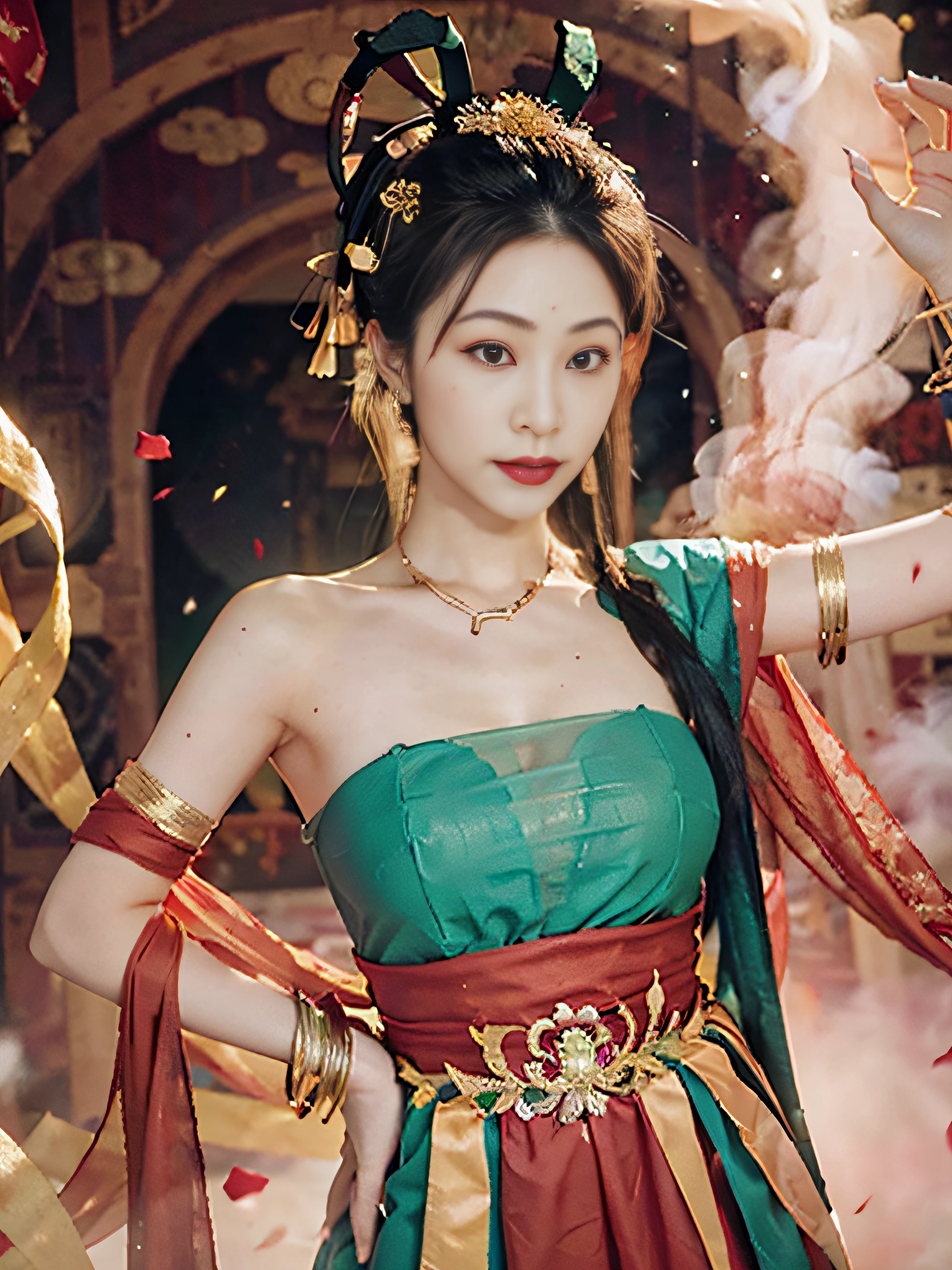 （8K，RAW photos，best qualtiy，tmasterpiece：1.2），（realisticlying，Photorealistic and realistic：1.4），（Very detailed CG unity 8K wallpaper），（1个Giant Breast Girl），Dance，dunhuang_dress，dunhuang_Style，dunhuang_Background，[[[on 1 hand only four fingers + 1 thumb]]], Gold ornaments，Ancient Chinese hairstyle，gossamer，Streamers，light make-up，eye shadows，Eyebrow nevi，（confront），dynamicposes，Background smoke surrounding，Red and green color scheme，Petals flying,the detail，jewelry，耳Nipple Ring，bangle，bshoulders，complex texture，Bust，Guqin，lute