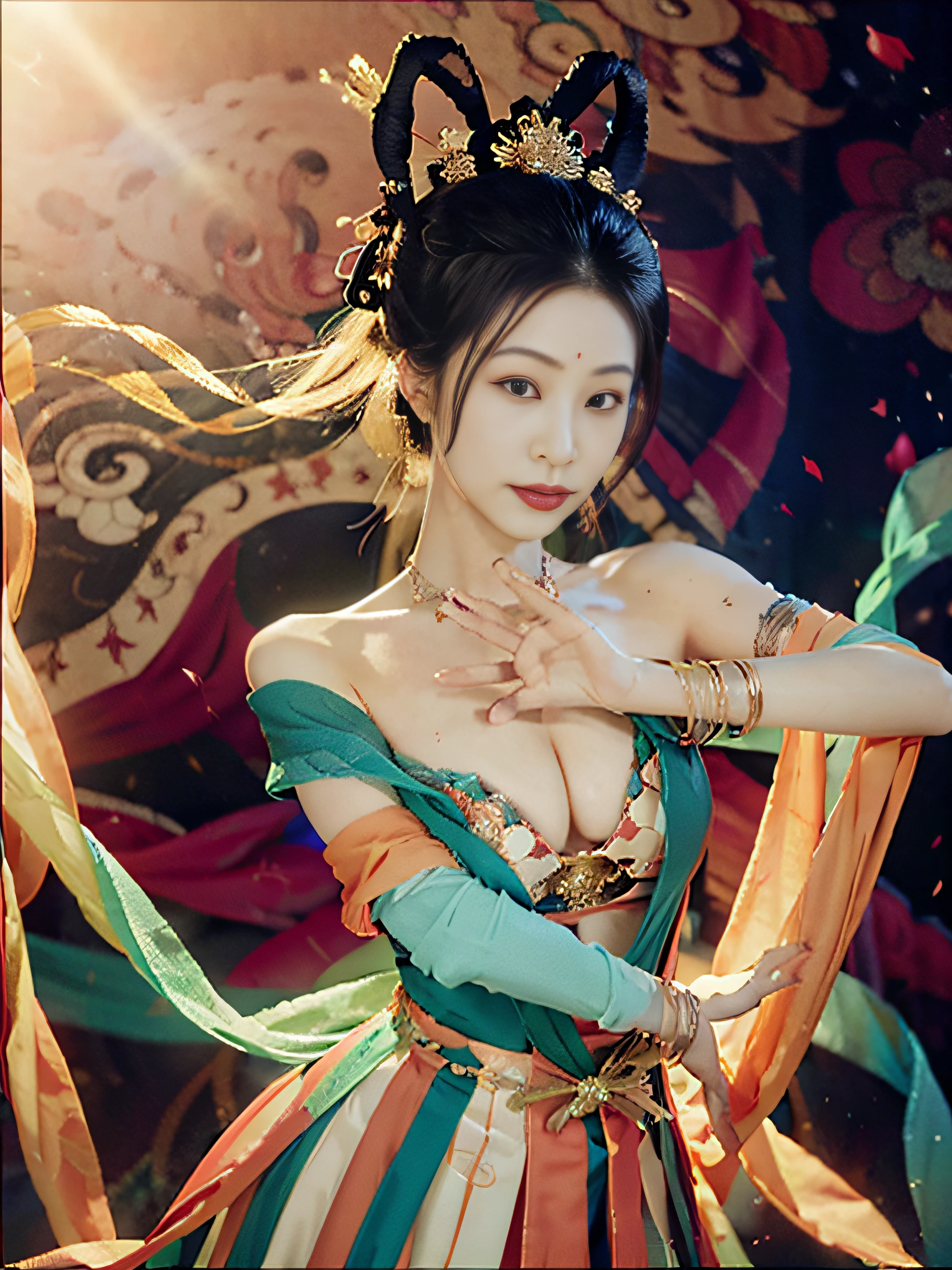 （8K，RAW photos，best qualtiy，tmasterpiece：1.2），（realisticlying，Photorealistic and realistic：1.4），（Very detailed CG unity 8K wallpaper），（1个Giant Breast Girl），Dance，dunhuang_dress，dunhuang_Style，dunhuang_Background，[[[on 1 hand only four fingers + 1 thumb]]], Gold ornaments，Ancient Chinese hairstyle，gossamer，Streamers，light make-up，eye shadows，Eyebrow nevi，（confront），dynamicposes，Background smoke surrounding，Red and green color scheme，Petals flying,the detail，jewelry，耳Nipple Ring，bangle，bshoulders，complex texture，Bust，Guqin，lute