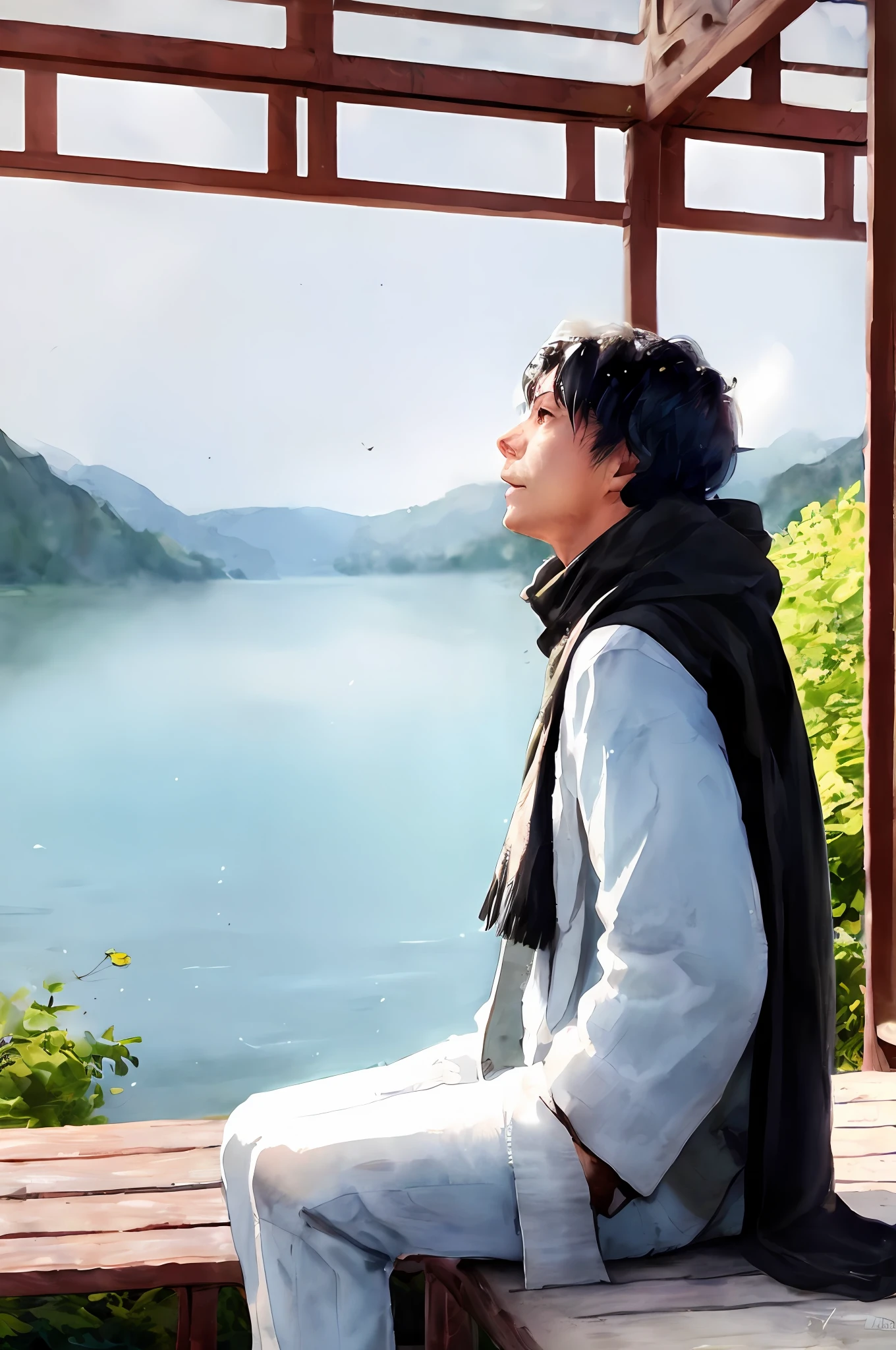 Draw a man sitting on a bench looking out over the lake, Makoto Shinkai. a digital rendering, Makoto Shinkai's style, Makoto Shinkai. —h 2160, Makoto Shinkai!!, Makoto Shinkai!, Shinkai Makoto style, in the style of makoto shinkai, makoto shinkai art style