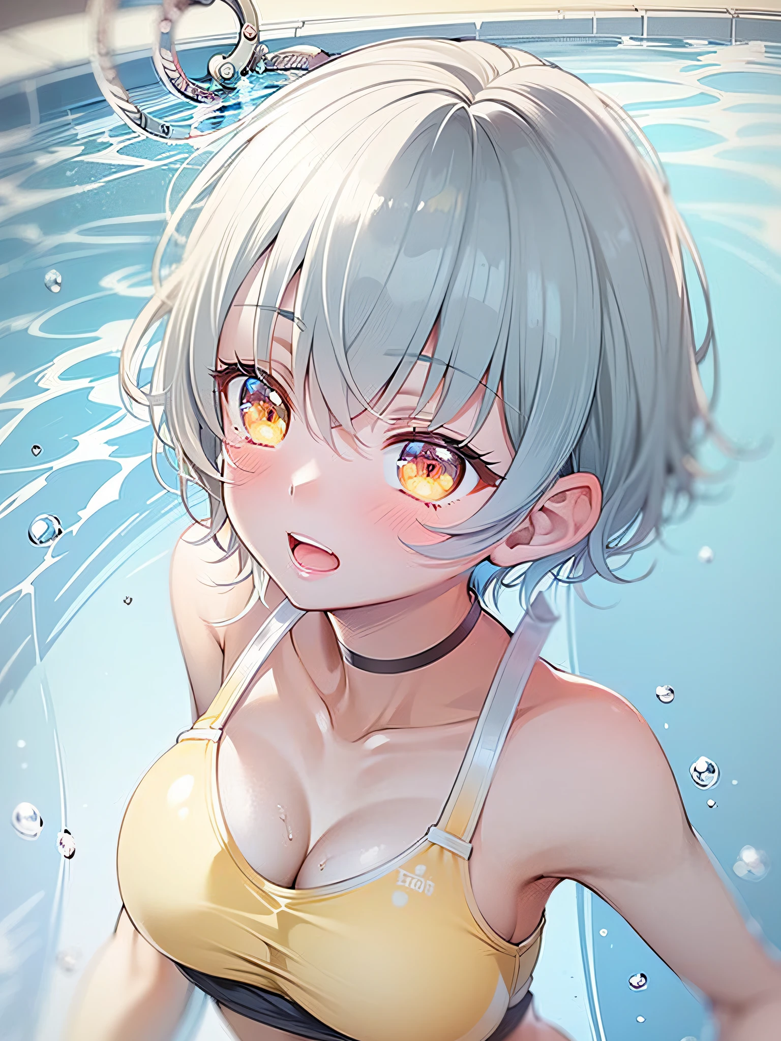 1girl,light blue short hair,light yellow eyes,cute,blush,school swimsuit,pool side,low angle,medium breast,best quality,beautiful brreast