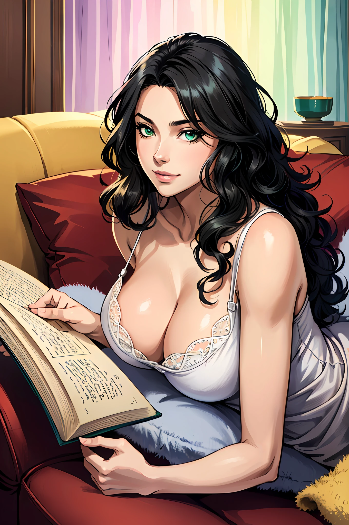 ((((A young woman))), the anime, Green eyes, (black hair), Nice face, ssmile, the perfect body, Wavy Hair, hairlong, (((morena))), big breastes, ((tmasterpiece, beste-Qualit)), illustartion, ультра детализированная 8k, Photorealistic, sharp-focus, higly detailed, Professional lighting, colorful details, Rainbow colors, Glowing, intricate detials, Vivid details, casual wear, Kemi, cozy living room, Sofa, Read the book, soft fluffy slippers on your feet, lying on the couch