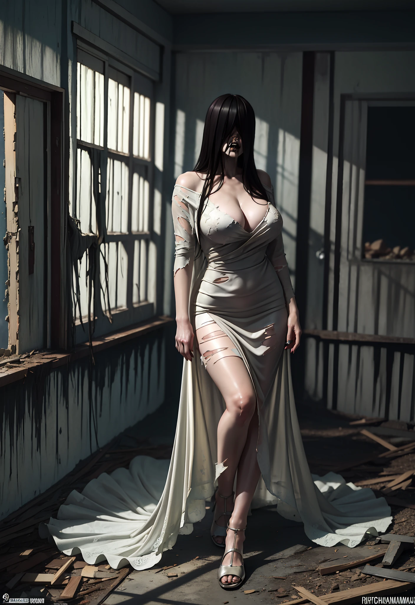 Realistic Japanese Horror movie taste picture, ((masterpiece)), (best quality), (absurdness quality), high resolution, 32k, (photorealistic:1.4), black hair, hyper realistic photo of Yamamura_Sadako, ((torn, sexy white dress)), (grey skin), long hair over eyes, eyes covered, hidden face by long hair, ((spooky, messy abandoned house)), dark atmosphere, ultra huge cleavages, full body shot, entire room view,