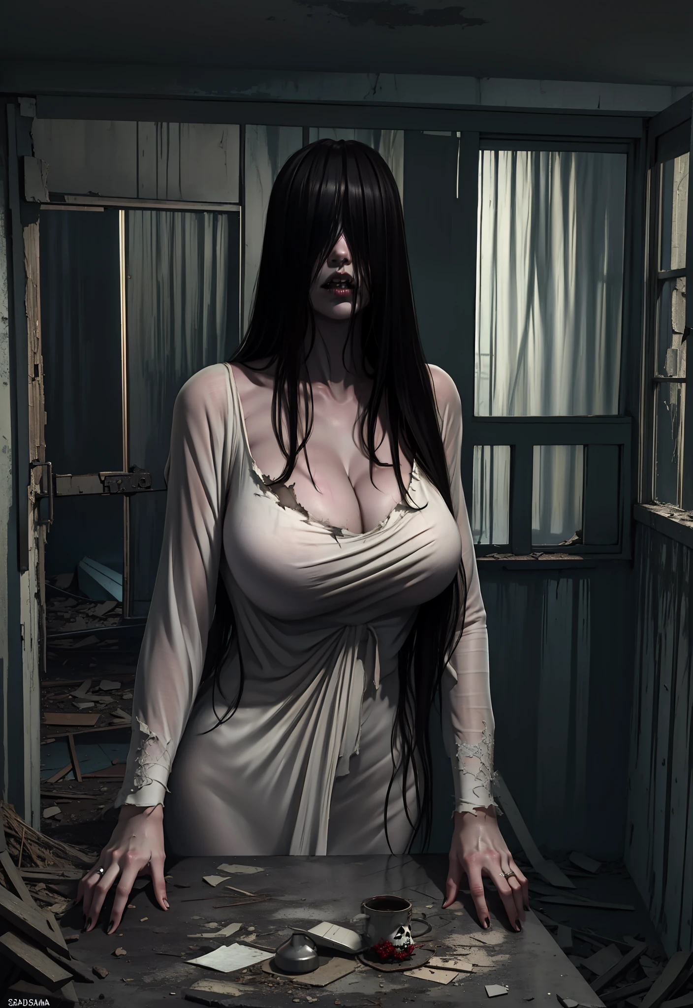 Realistic Japanese Horror movie taste picture, ((masterpiece)), (best quality), (absurdness quality), high resolution, 32k, (photorealistic:1.4), black hair, hyper realistic photo of Yamamura_Sadako, ((torn, sexy white dress)), (grey skin), long hair over eyes, eyes covered, hidden face by long hair, ((spooky, messy abandoned house)), dark atmosphere, ultra huge cleavages, full body shot, entire room view,