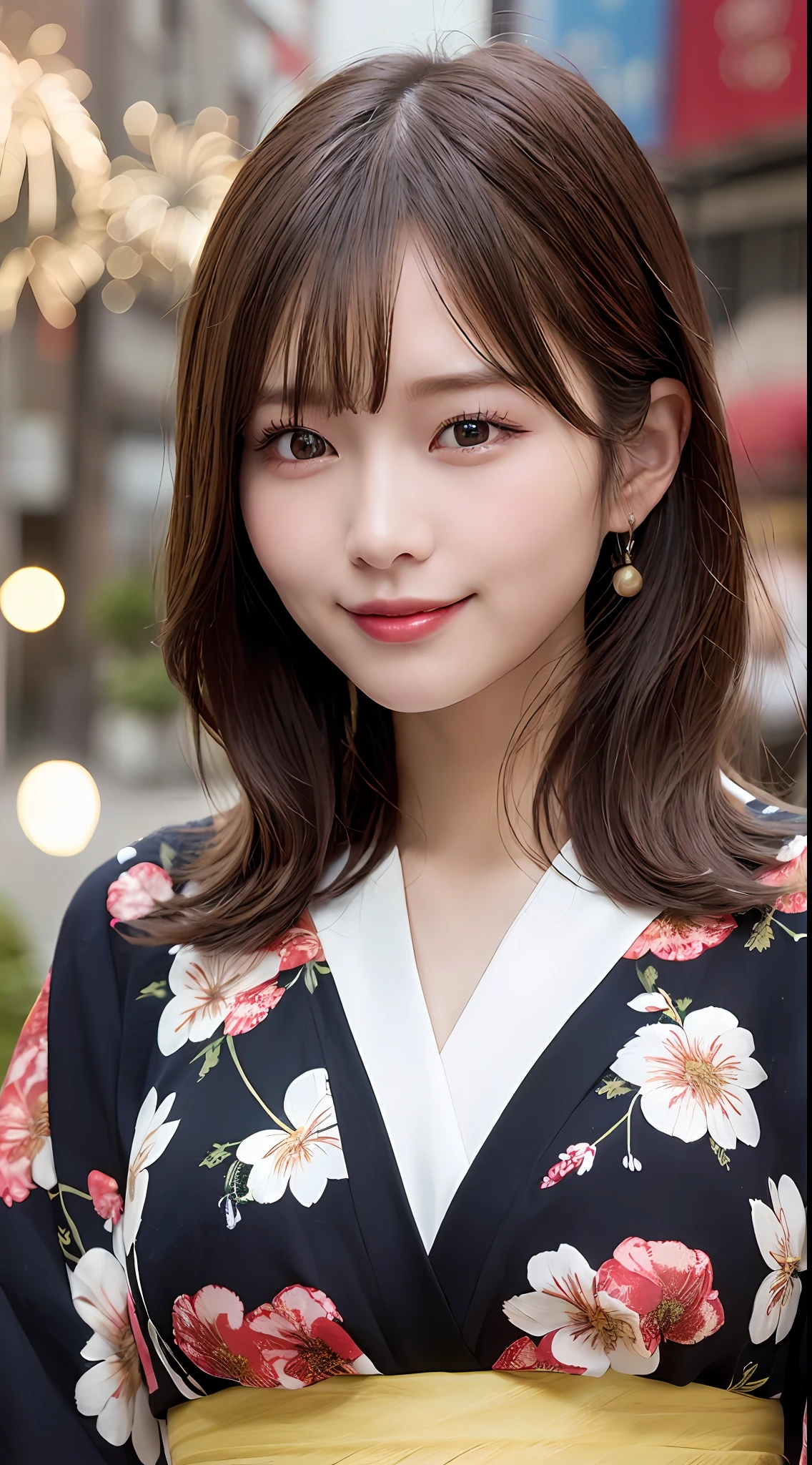 ((top-quality、8k wallpaper:1.3、masterpiece:1.3))、Beautiful Women in Perfect Style:1.4、Slender Abs:1.2、beautiful countenance、Delicat eyes((dark brown hair、short-hair、huge tit:1.2))、(blanche、、with floral pattern、Kimono、:1.1)、Fireworks Festival:1.2、Highly detailed facial and skin texture、A detailed eye、二重まぶた、Fireworks Festival、a smile