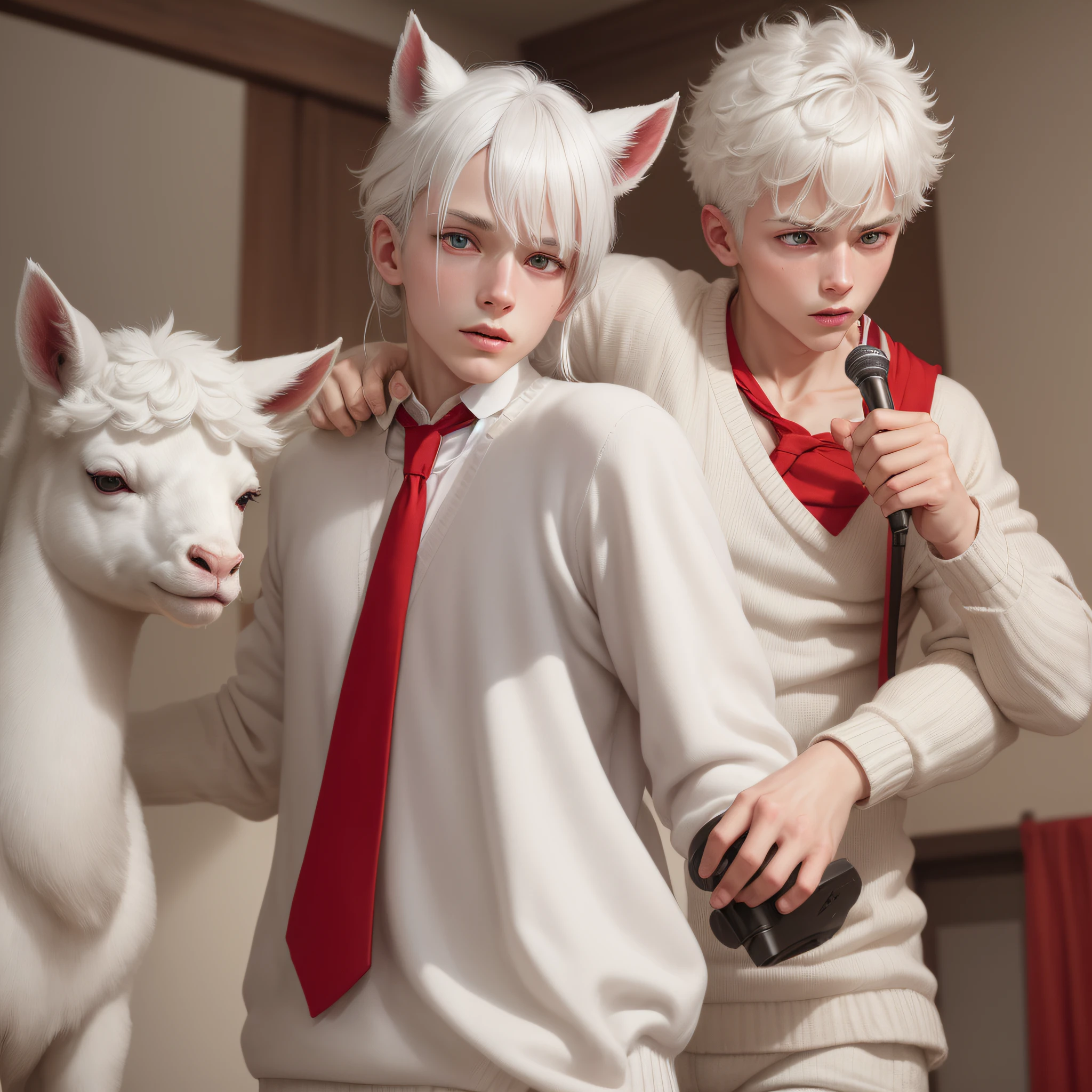 boy , White Hair , Red Eyes , Red sleeveless sweater , Red tie, Hold the microphone. , In the room , Cute white alpaca --auto