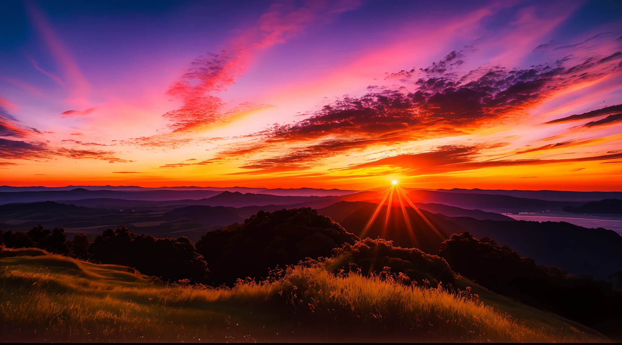 Sunset, evening glow, distant view, realistic, rich colors, gorgeous and colorful, wide-angle lens, shooting in the evening, positive film, naturalistic style, high-definition