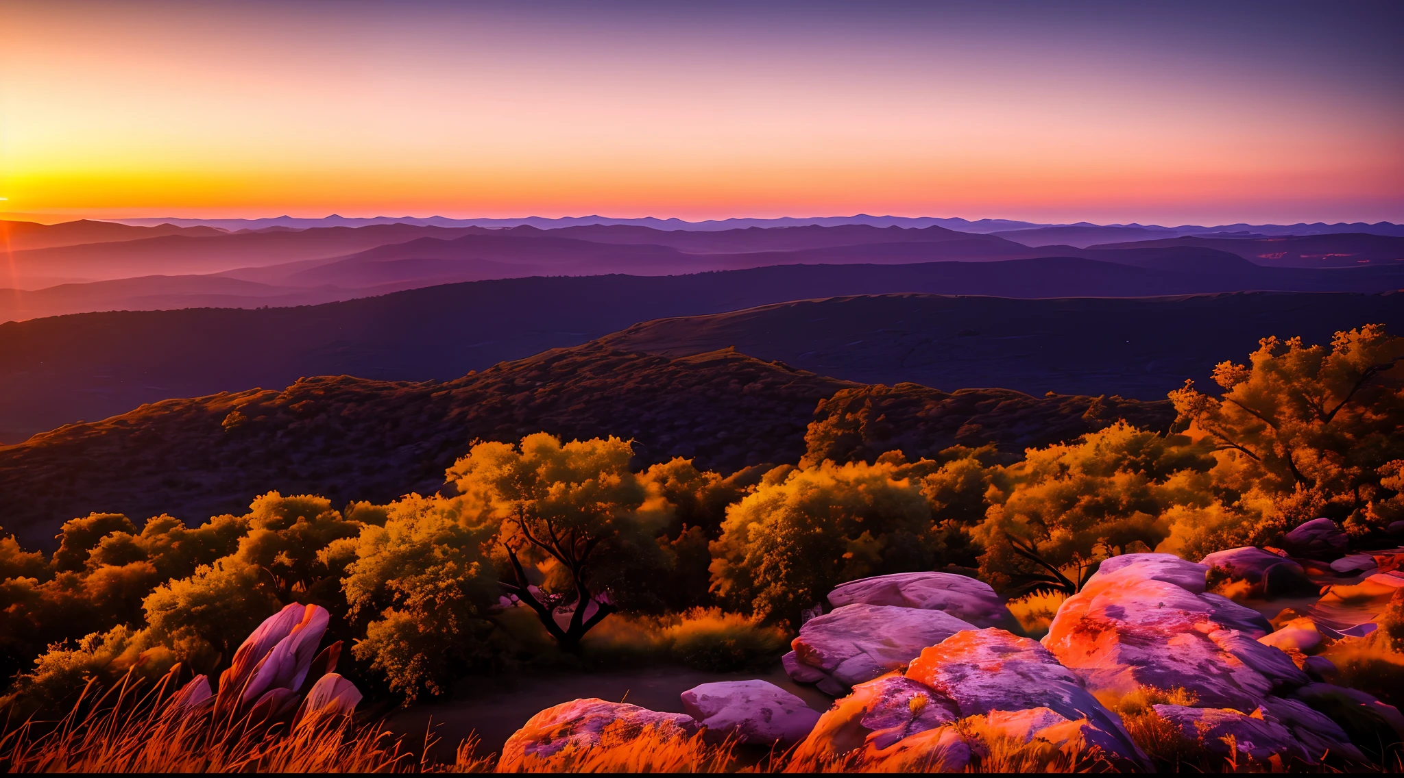 Sunset, evening glow, distant view, realistic, rich colors, gorgeous and colorful, wide-angle lens, shooting in the evening, positive film, naturalistic style, high-definition