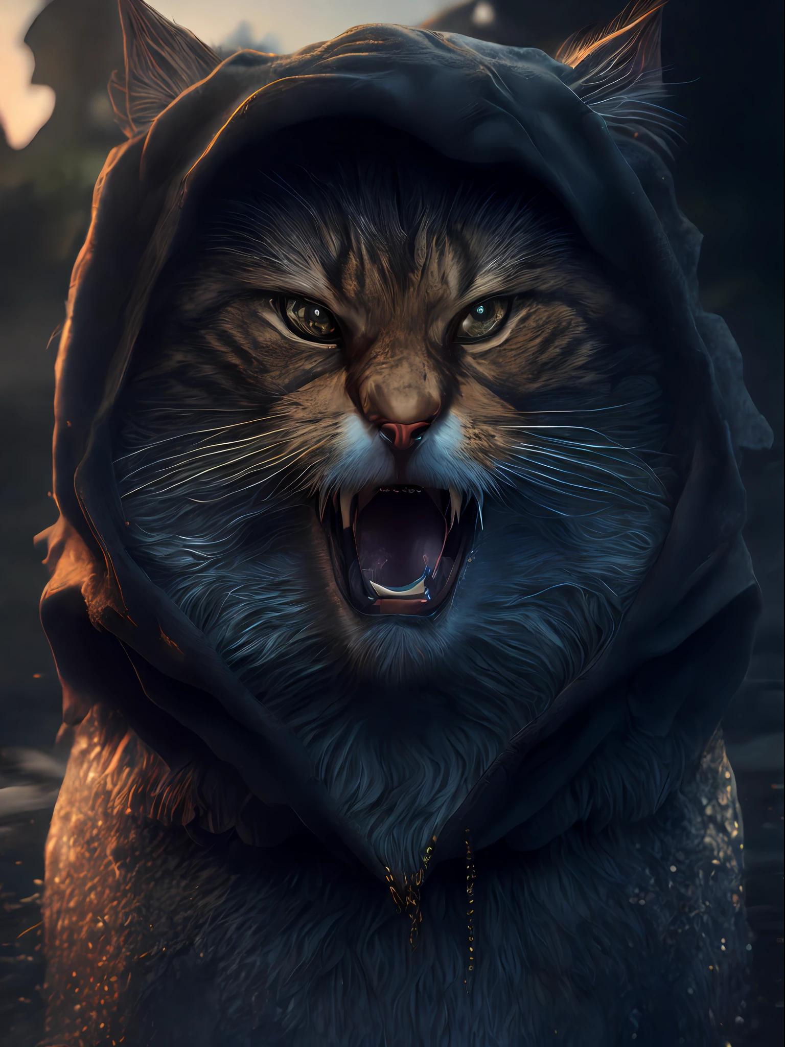 Angry cat god, hyper realistic, tension, cold, highly detailed, sharp focus, professional, 8k UHD, cinematic, dark, violent, outdoor, River, battle, chase, dramatic, vivid, nervous vibe, render, epic, twilight, HDR, album cover, blizzard, lightning, cataclysmic