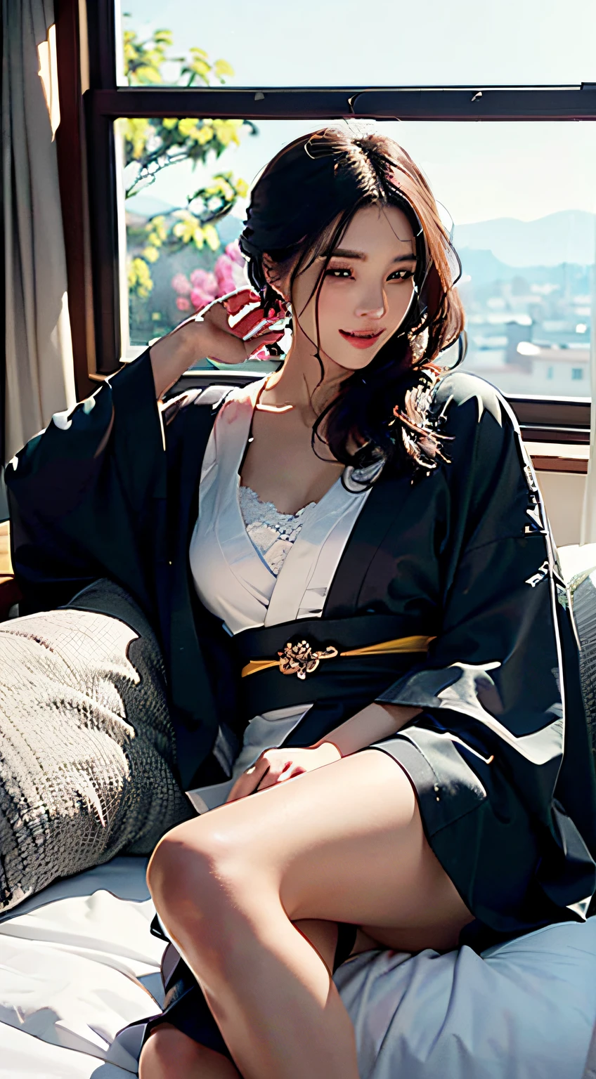 best qualtiy、​masterpiece、photoRealstic、intricate-detail、Raw foto、Photon Rendering、Octane Rendering、absurderes、ultra-detailliert、A detailed face、Detailed skin、Trending in art stations、8K Masterpiece、lighting like a movie、( (1girl in))、((独奏) ))、CG Social Trends、Plastic En、((Black Long Hair))、((Beautuful Women))、(A smile)、Upper teeth、Fashionable、Hair that flutters in the wind、((Flowing hair))、fashion magazine、((A sexy))、((lighting like a movie)、((indirect lighting)、、(ssex)、Grinning、(View from a distance)、((Kimono))、Hair is up、Lying in bed、Expose、an legs、