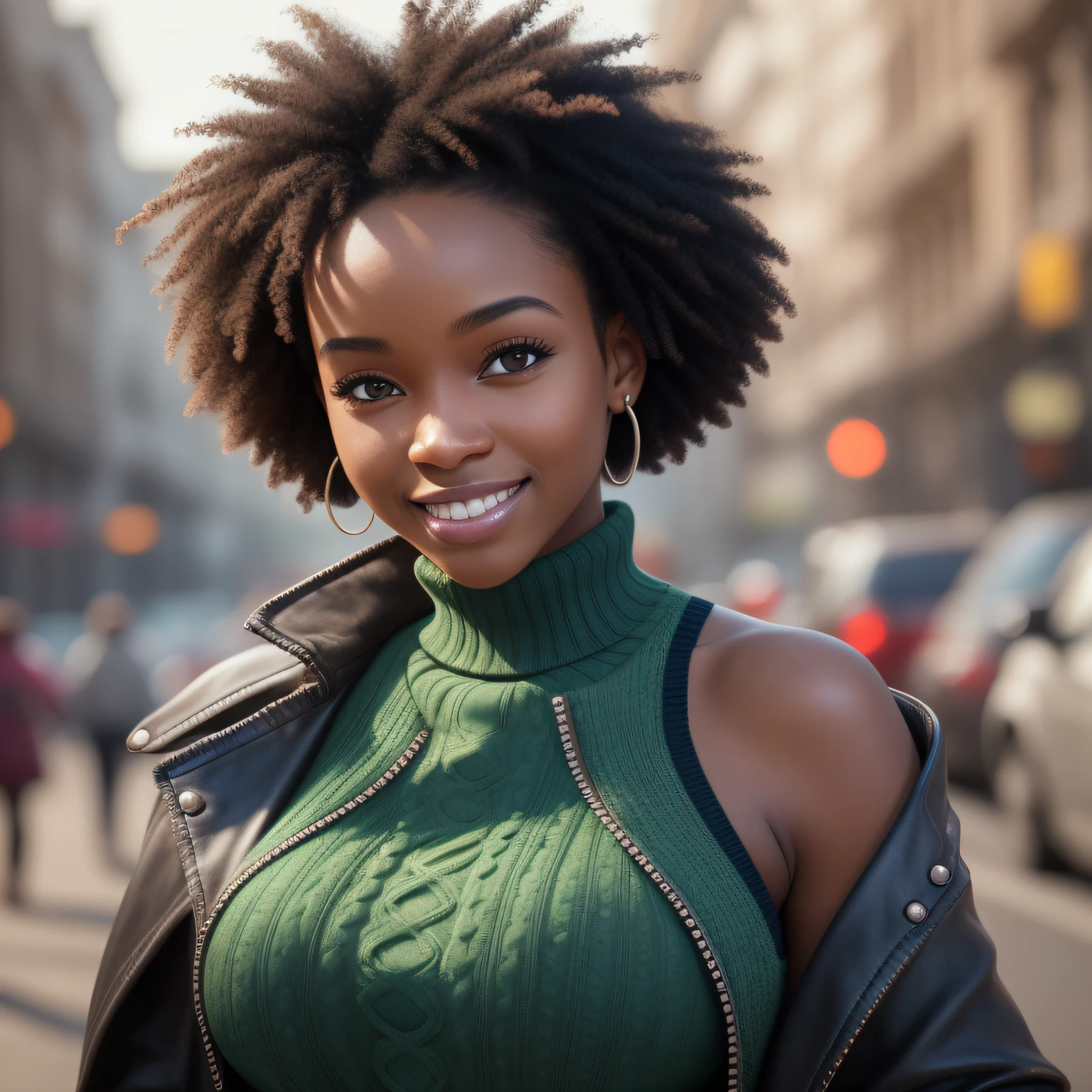 masterpiece, best quality,  a dark skinned black woman wearing a detailed green turtle neck sweater with a intricate black cruiser jacket with blue jeans at a street party at night, asymmetrical afro haircut, jacket off one shoulders, midriff, smile, teeth, insane ultra hires, extreme intricate details, tooth gap, round ass

HDR, natural lighting, volumetric shading, dynamic pose, Hyperrealistic,  realistic lighting, dramatic shadows, hard focus, high contrast, dramatic perspective

dramatic shadows,