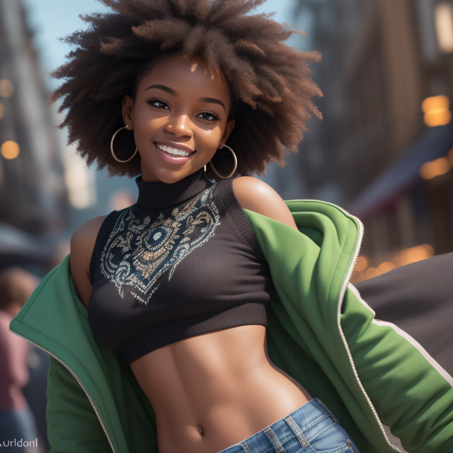 masterpiece, best quality, a dark skinned black woman wearing a detailed green turtle neck sweater with a intricate black cruiser jacket with blue jeans at a street party at night, asymmetrical afro haircut, jacket off one shoulders, midriff, smile, teeth, insane ultra hires, extreme intricate details, tooth gap, round ass
HDR, natural lighting, volumetric shading, dynamic pose, Hyperrealistic, realistic lighting, dramatic shadows, hard focus, high contrast, dramatic perspective
dramatic shadows,